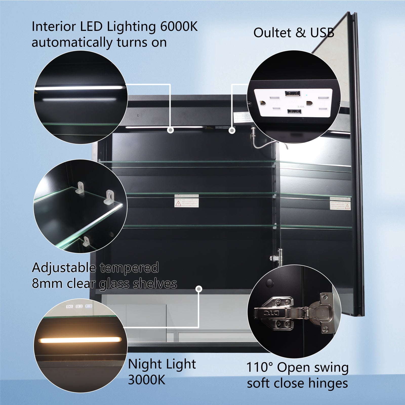 2Aluminum Surface/Recessed Mount Medicine Cabinet with Mirror, Outlet and Lights