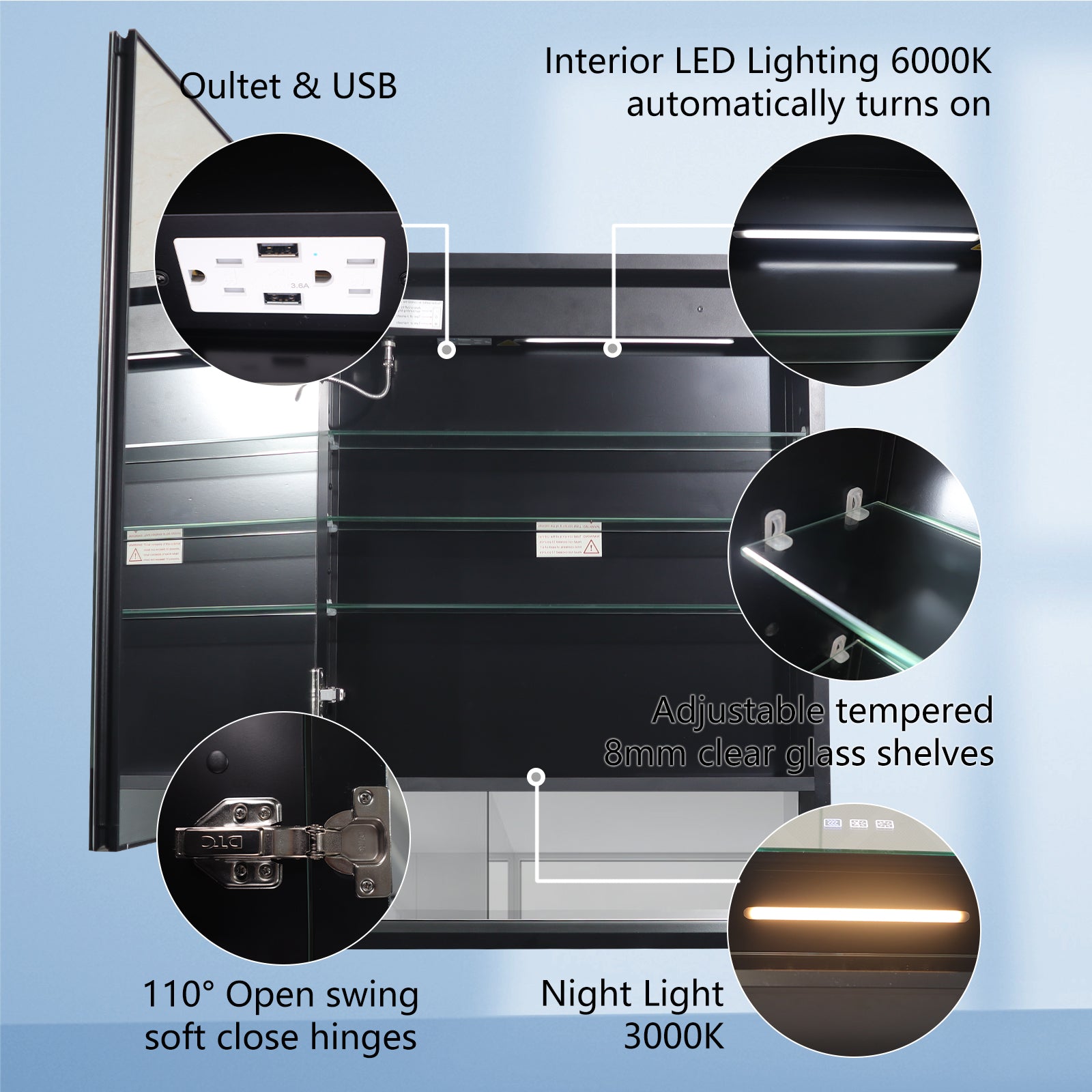 2Aluminum Surface/Recessed Mount Medicine Cabinet with Mirror, Outlet and Lights