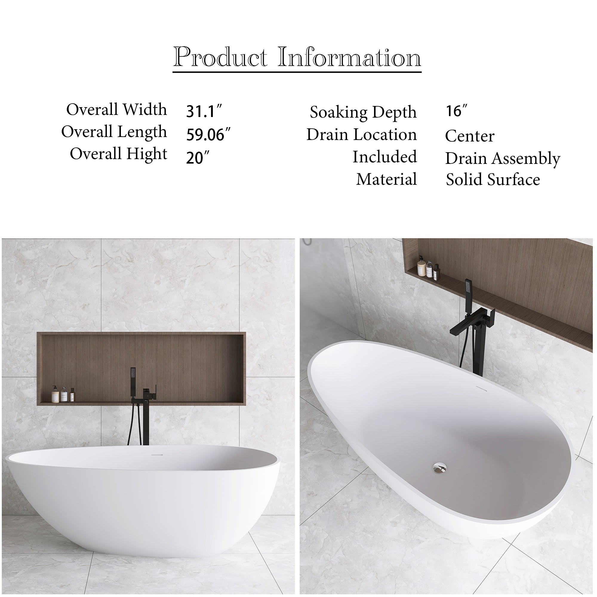 Solid Surface Freestanding Bathtub in Matte White