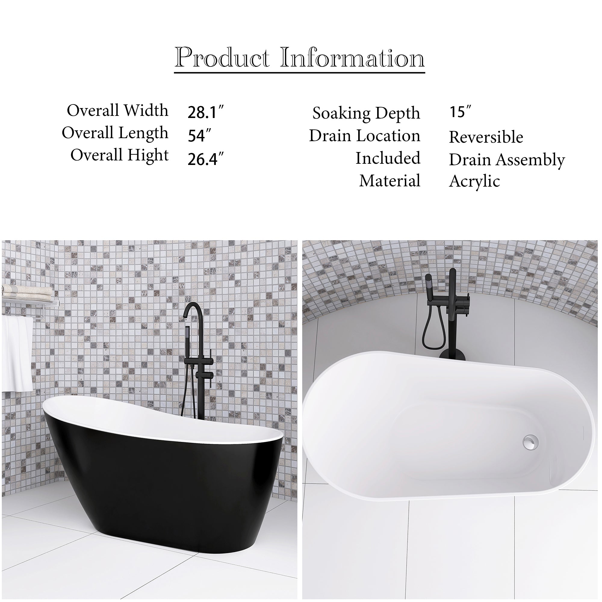 54 Inch Acrylic Freestanding Soaking Bathtub with Overflow