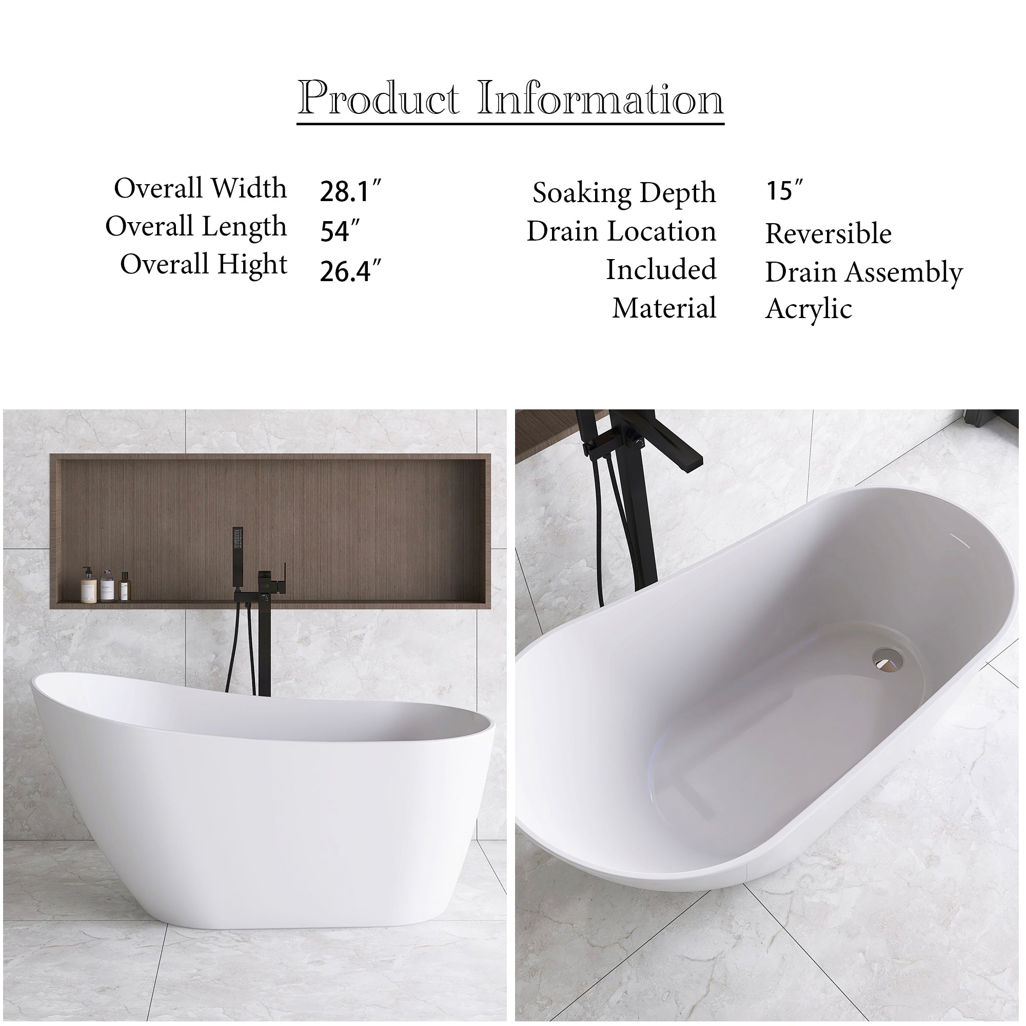 54 Inch Acrylic Freestanding Soaking Bathtub with Overflow