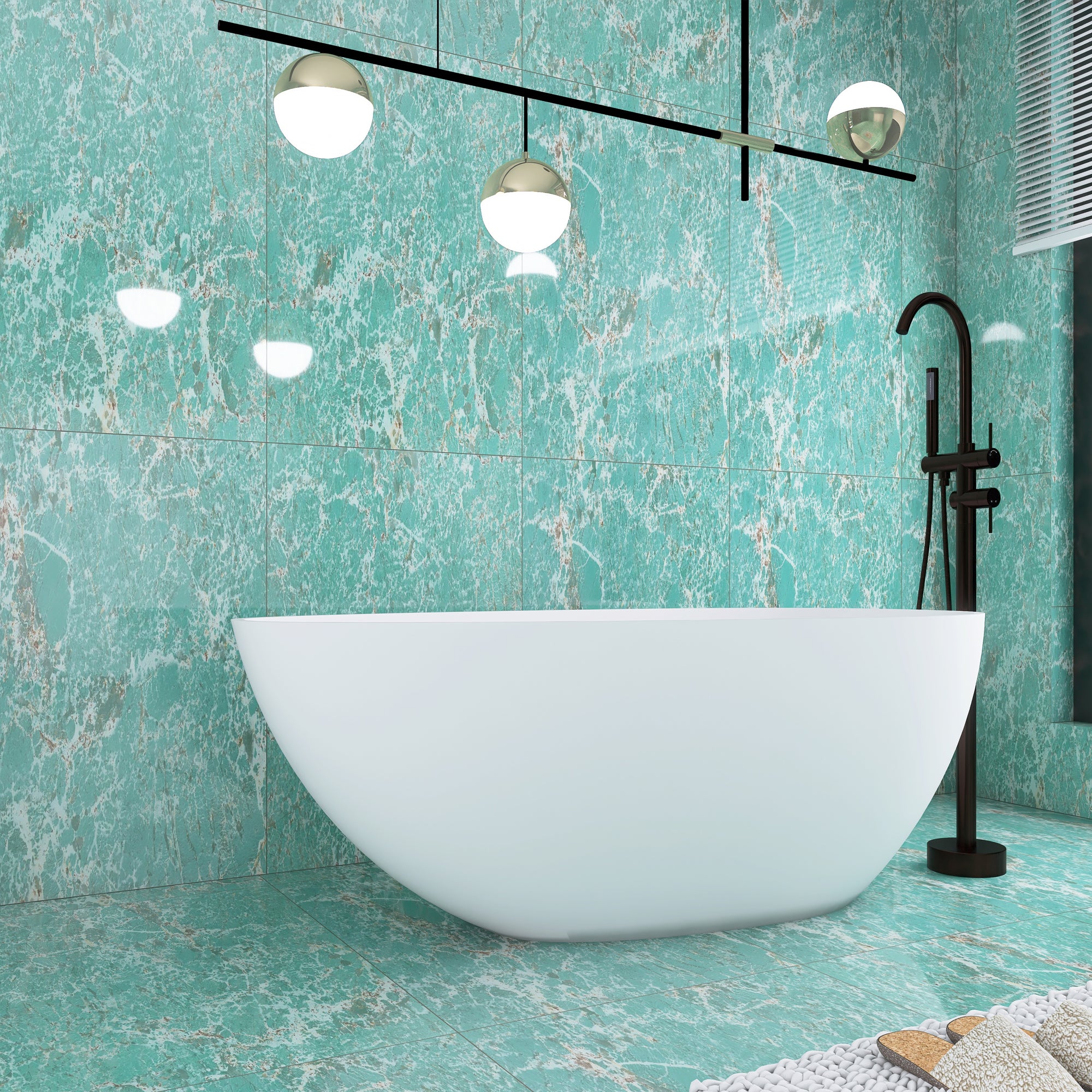 59 in. W Solid Surface Freestanding Flatbottom Soaking Bathtub in Matte White