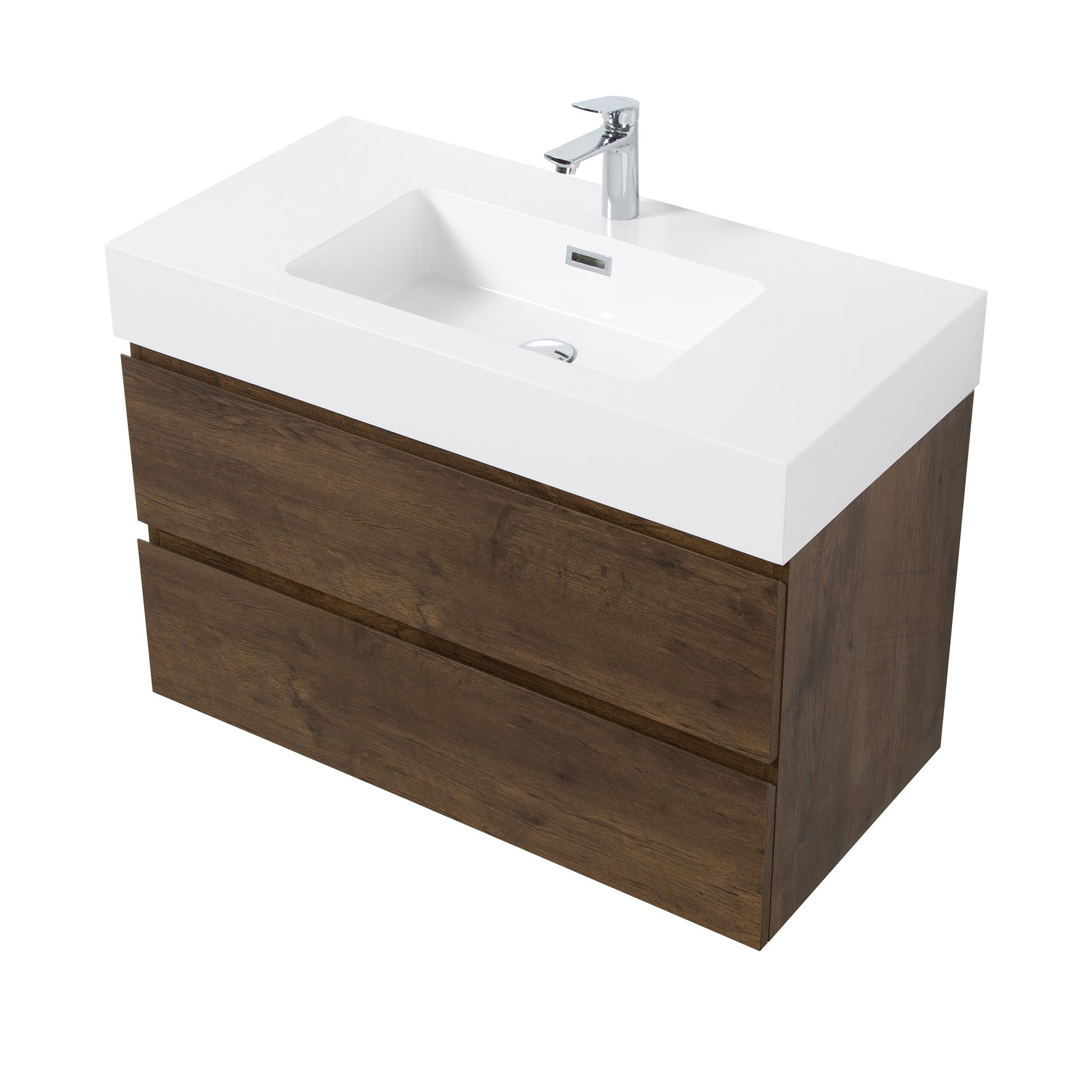 Wood Wall-Mounted Bathroom Vanity Set with Integrated Solid Surface Sink