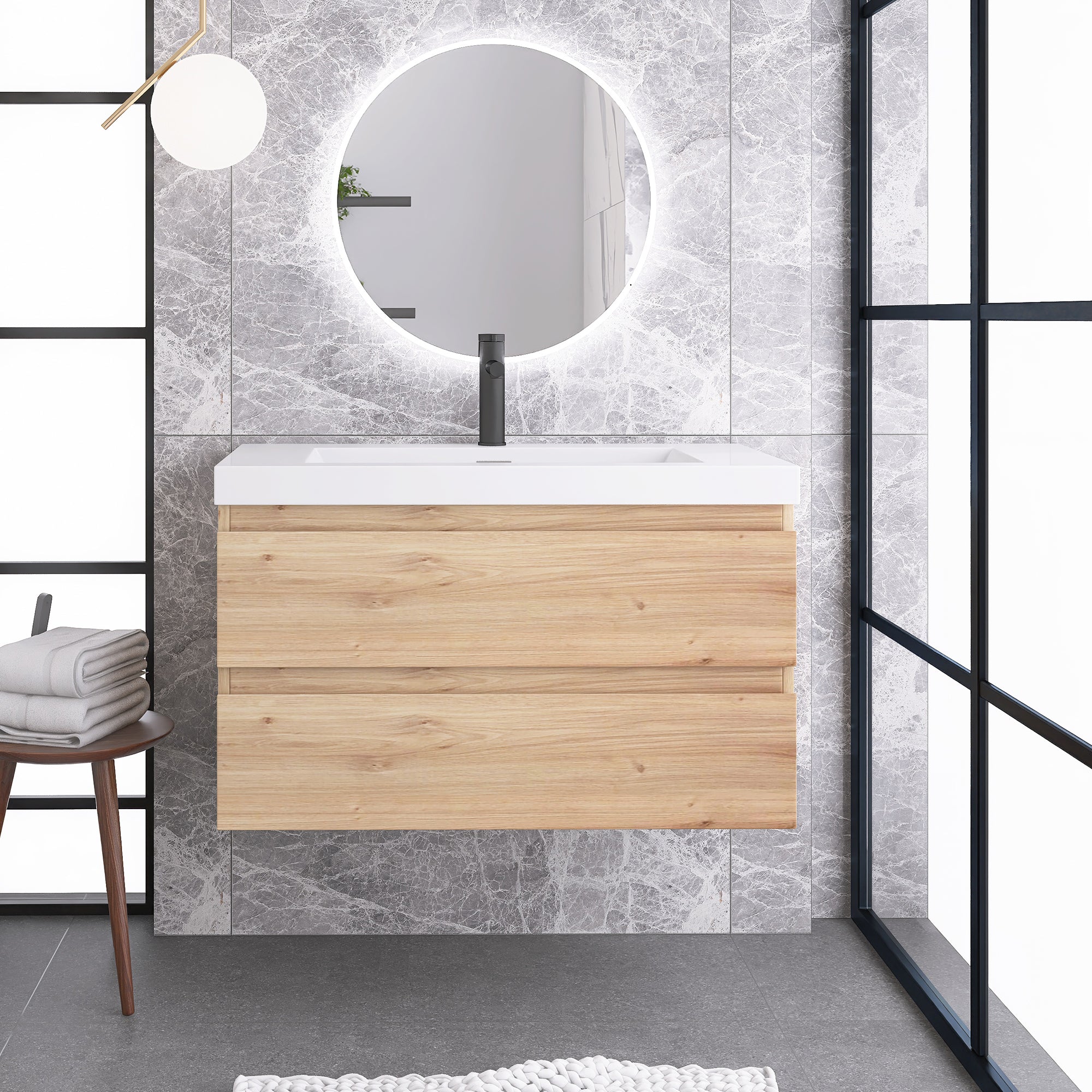 JimsMaison Wall-Mounted 2-drawer Bathroom Vanity Set with Integrated Resin Sink