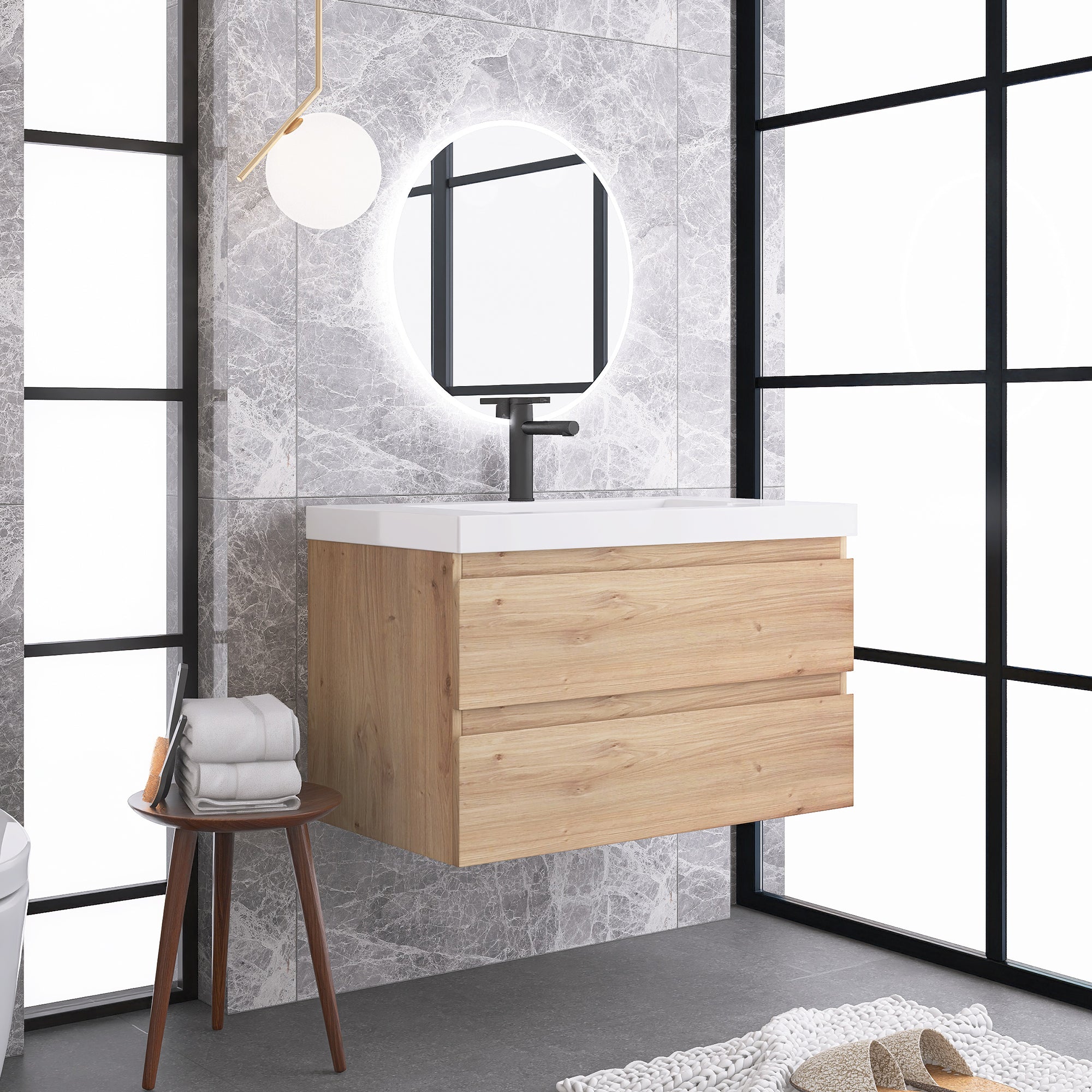 JimsMaison Wall-Mounted 2-drawer Bathroom Vanity Set with Integrated Resin Sink