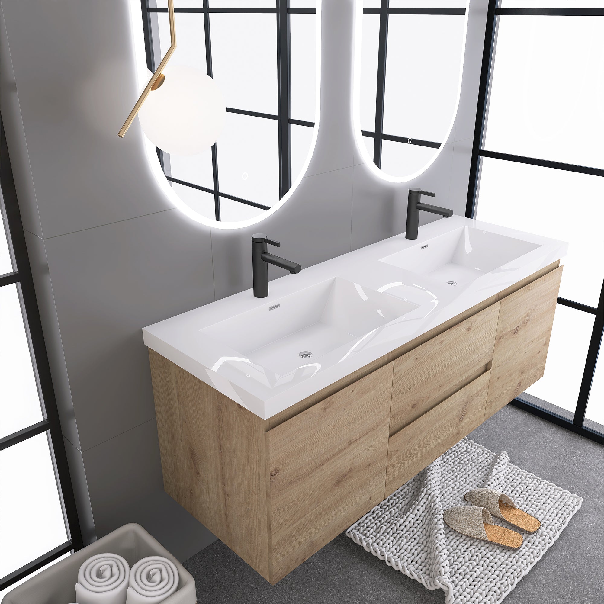 JimsMaison Wall-Mounted 2-drawer Bathroom Vanity Set with Integrated Resin Sink