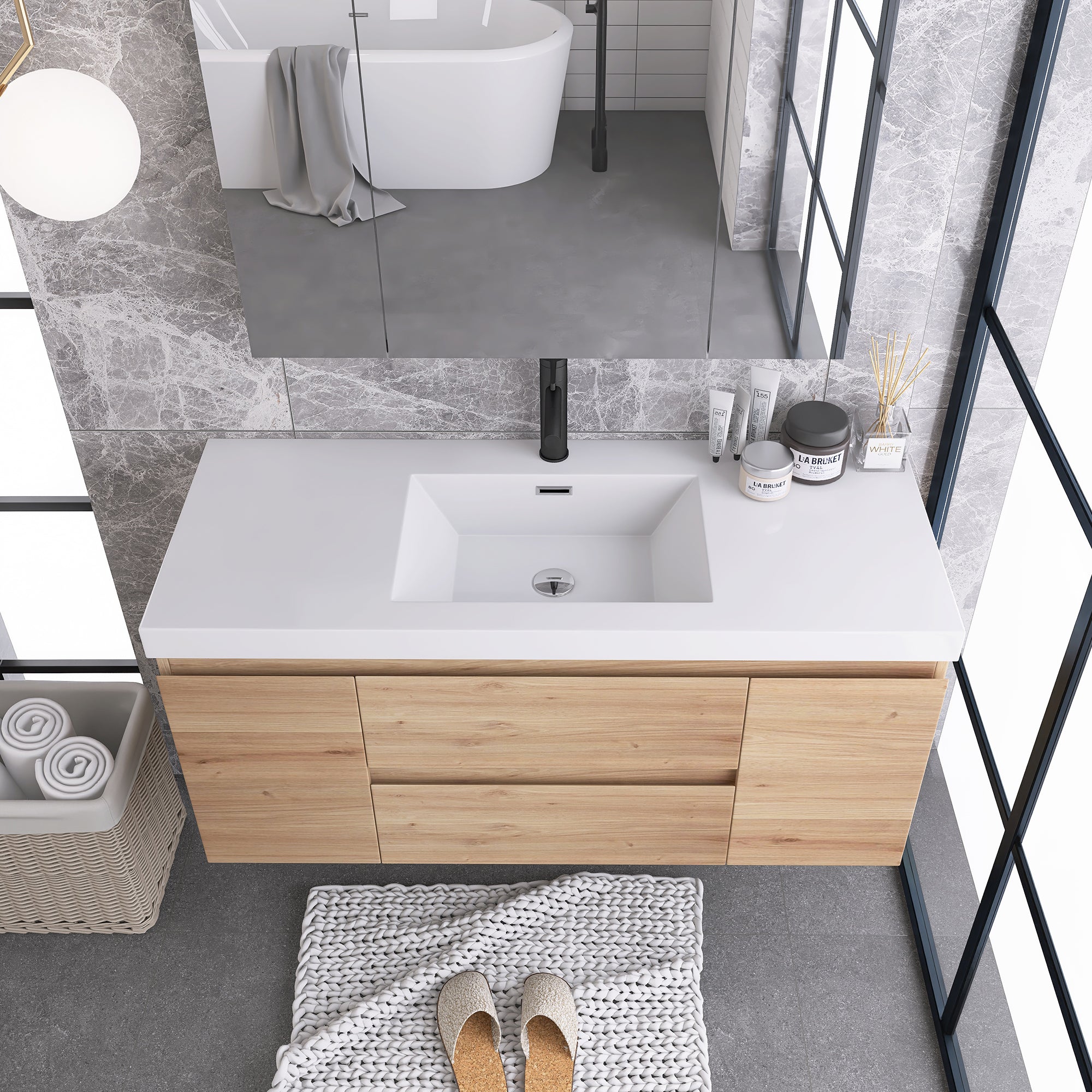 JimsMaison Wall-Mounted 2-drawer Bathroom Vanity Set with Integrated Resin Sink