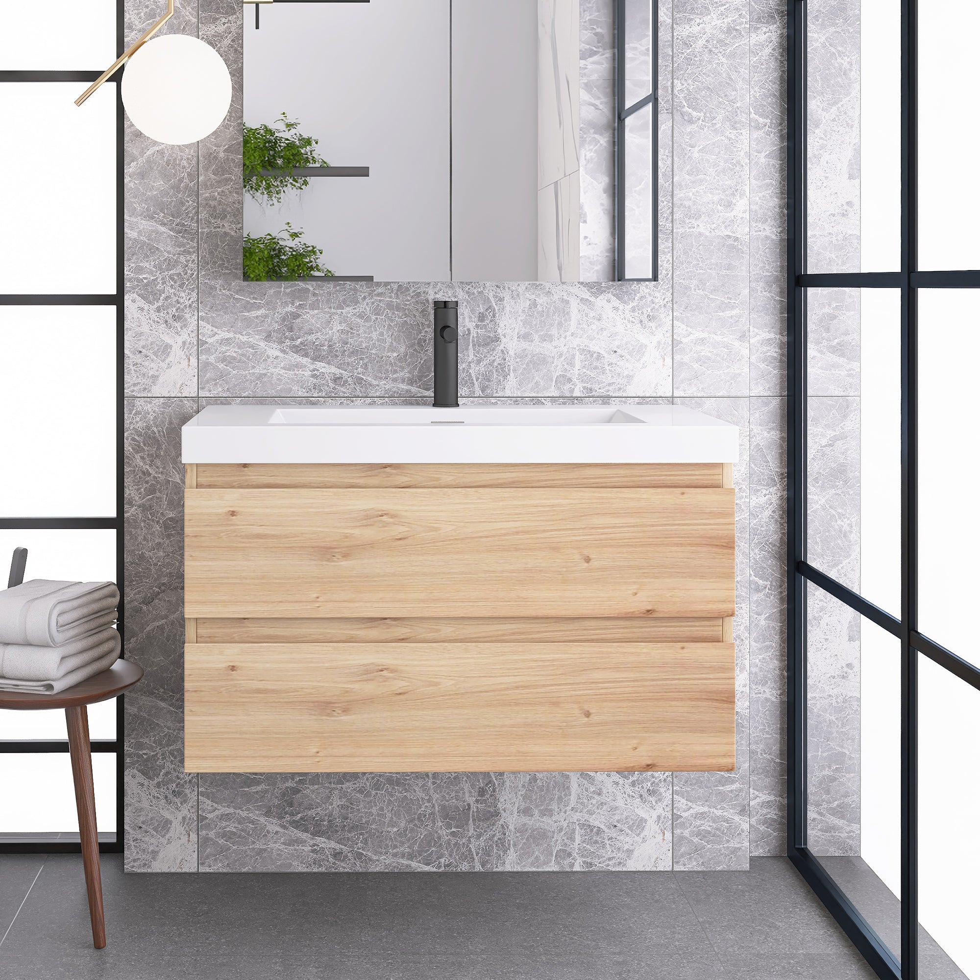 JimsMaison Wall-Mounted 2-drawer Bathroom Vanity Set with Integrated Resin Sink