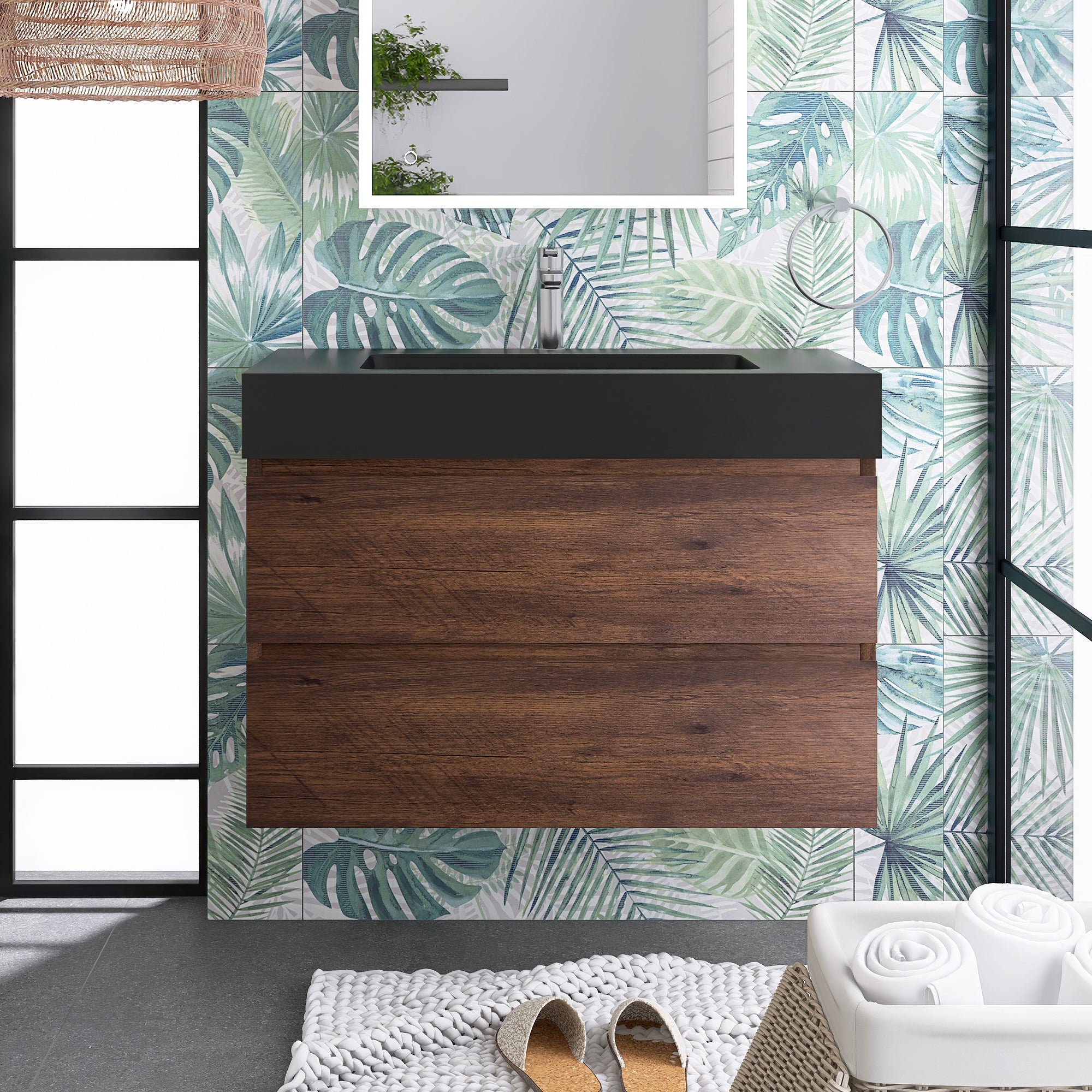 Wood Wall-Mounted Bathroom Vanity Set with Integrated Solid Surface Sink