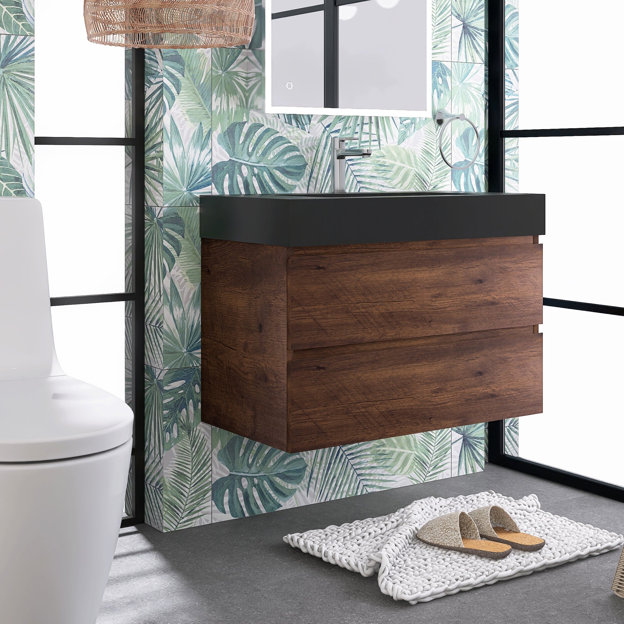 Wood Wall-Mounted Bathroom Vanity Set with Integrated Solid Surface Sink