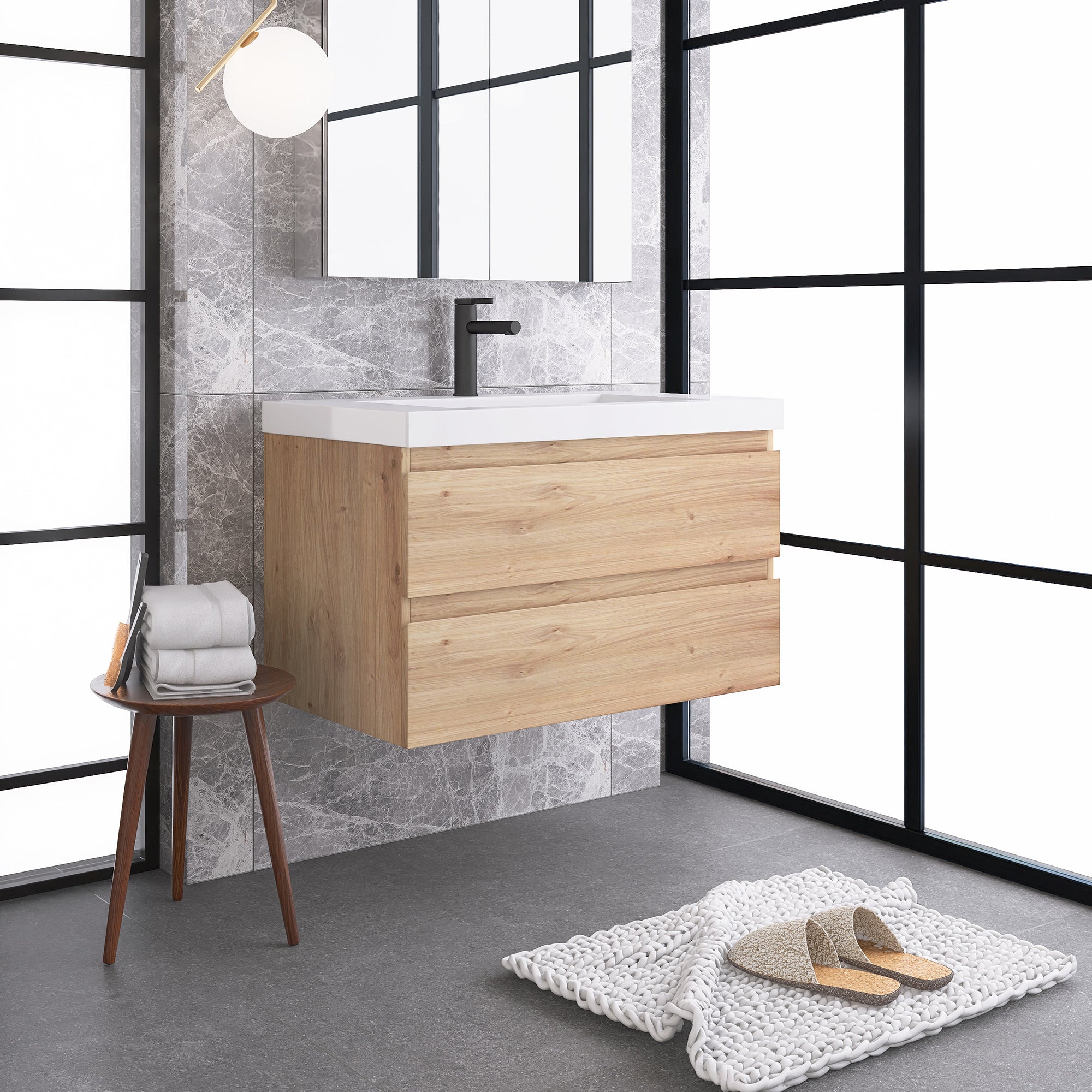 JimsMaison Wall-Mounted 2-drawer Bathroom Vanity Set with Integrated Resin Sink