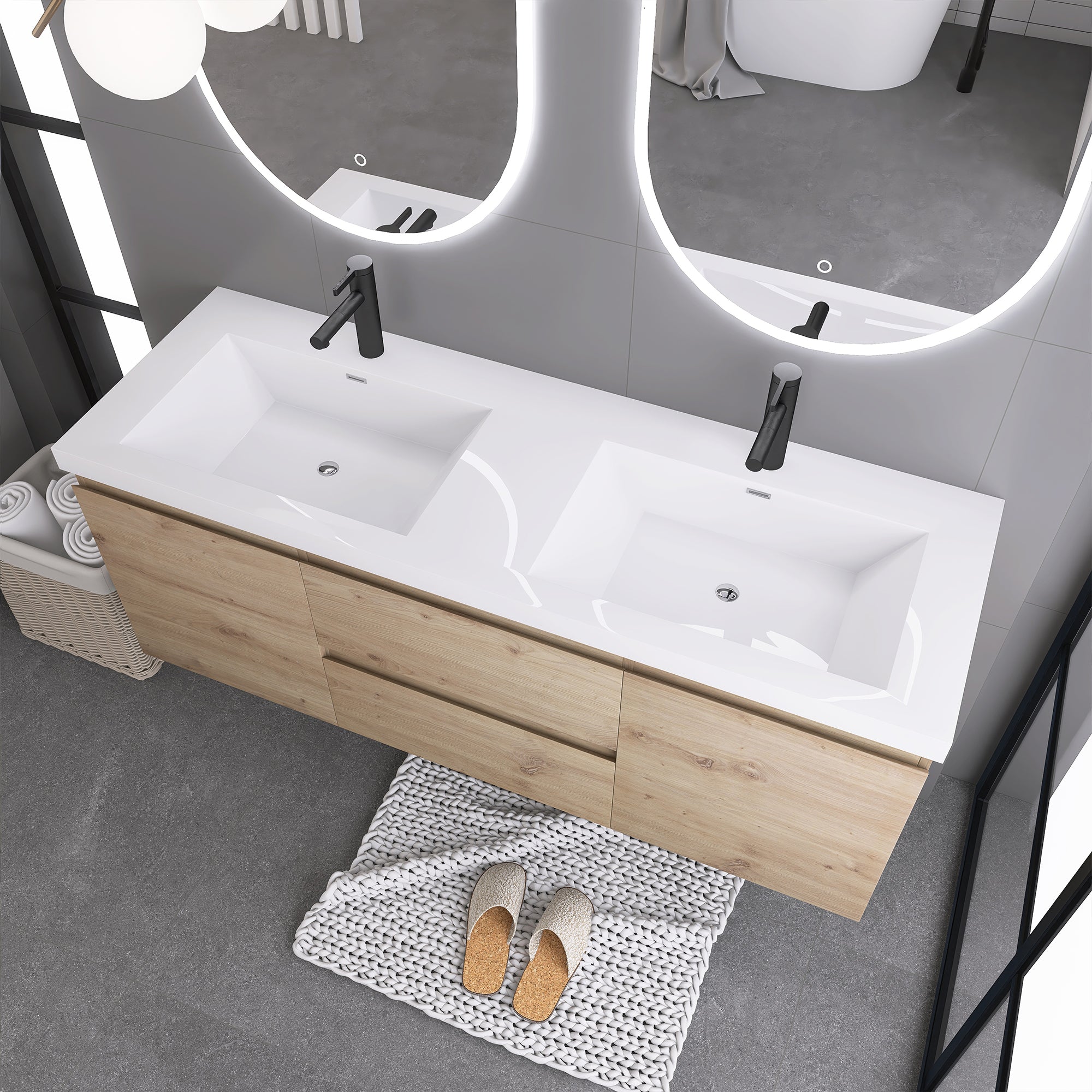 JimsMaison Wall-Mounted 2-drawer Bathroom Vanity Set with Integrated Resin Sink