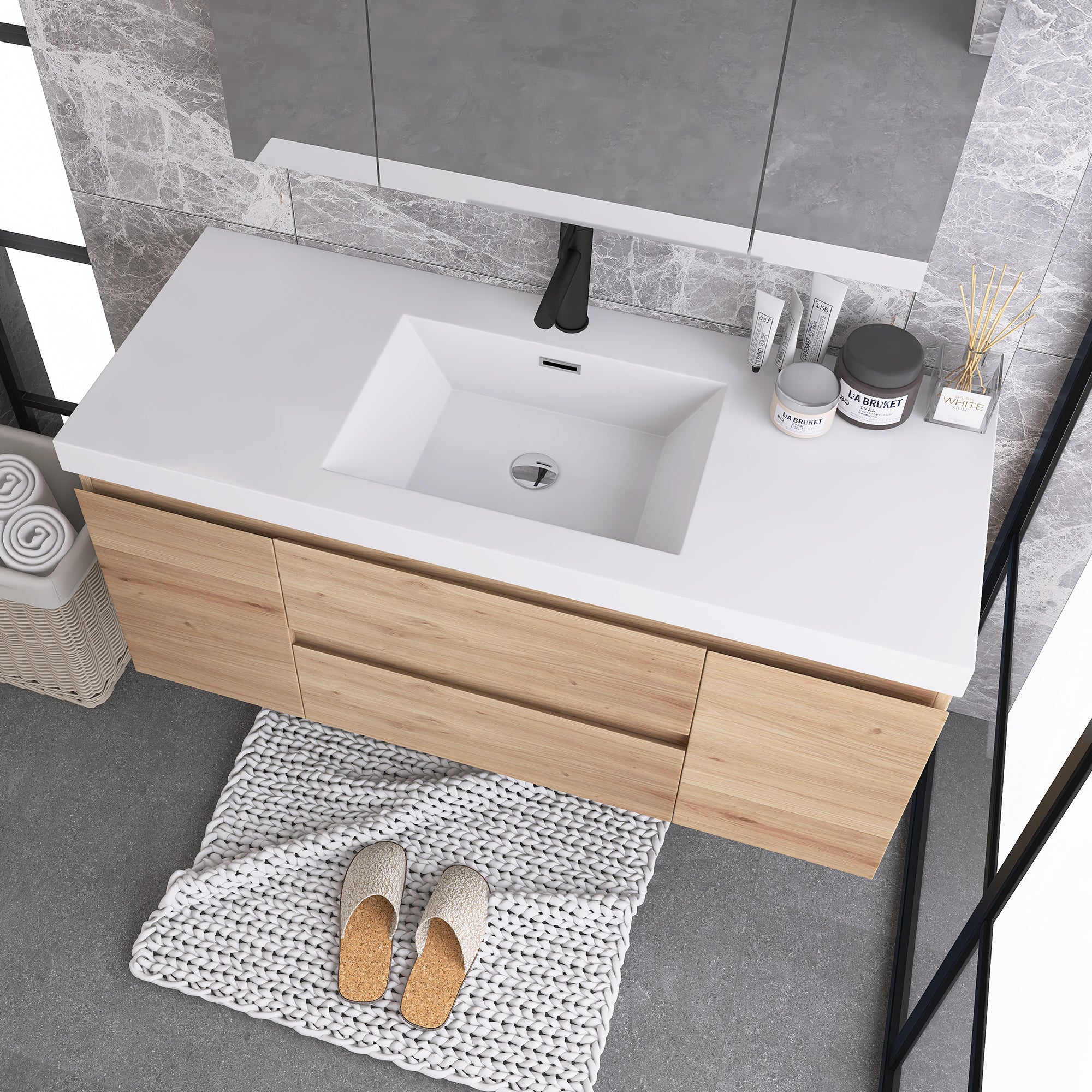 JimsMaison Wall-Mounted 2-drawer Bathroom Vanity Set with Integrated Resin Sink