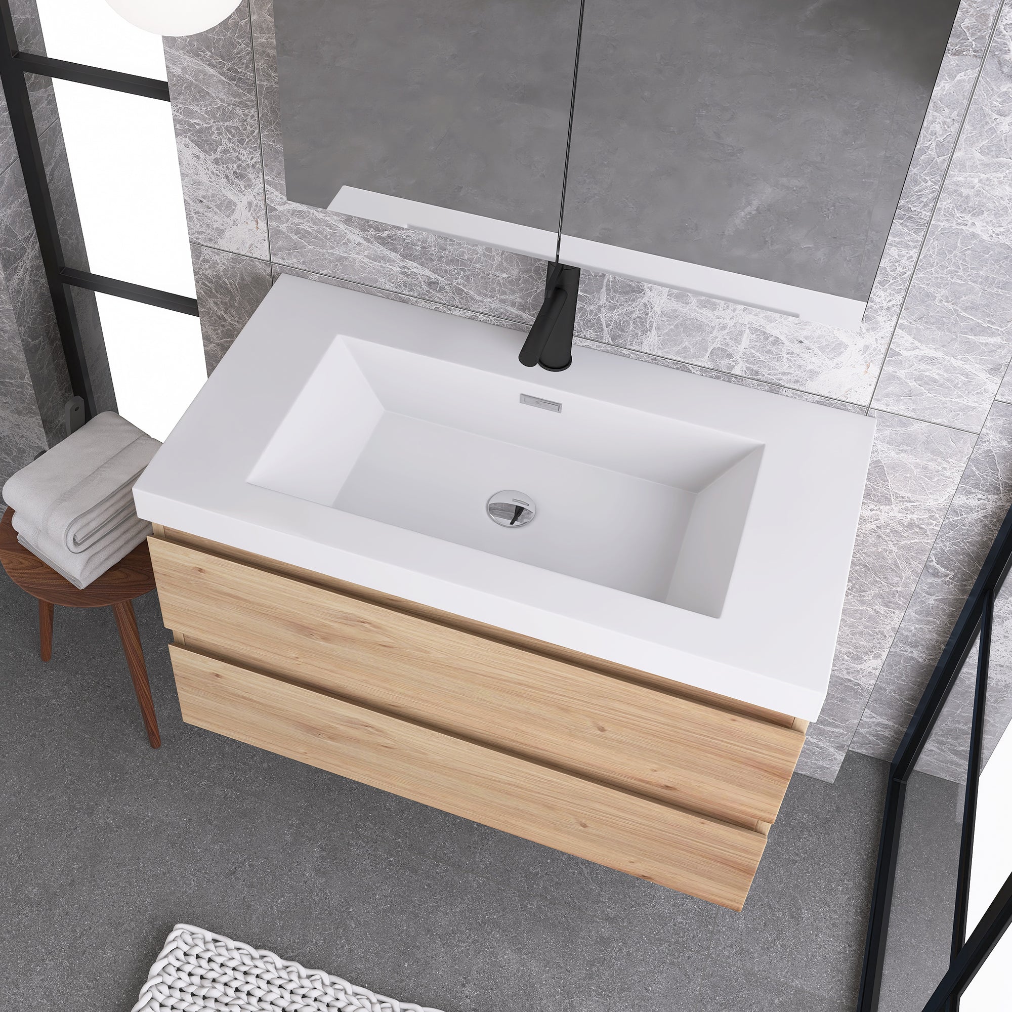 JimsMaison Wall-Mounted 2-drawer Bathroom Vanity Set with Integrated Resin Sink
