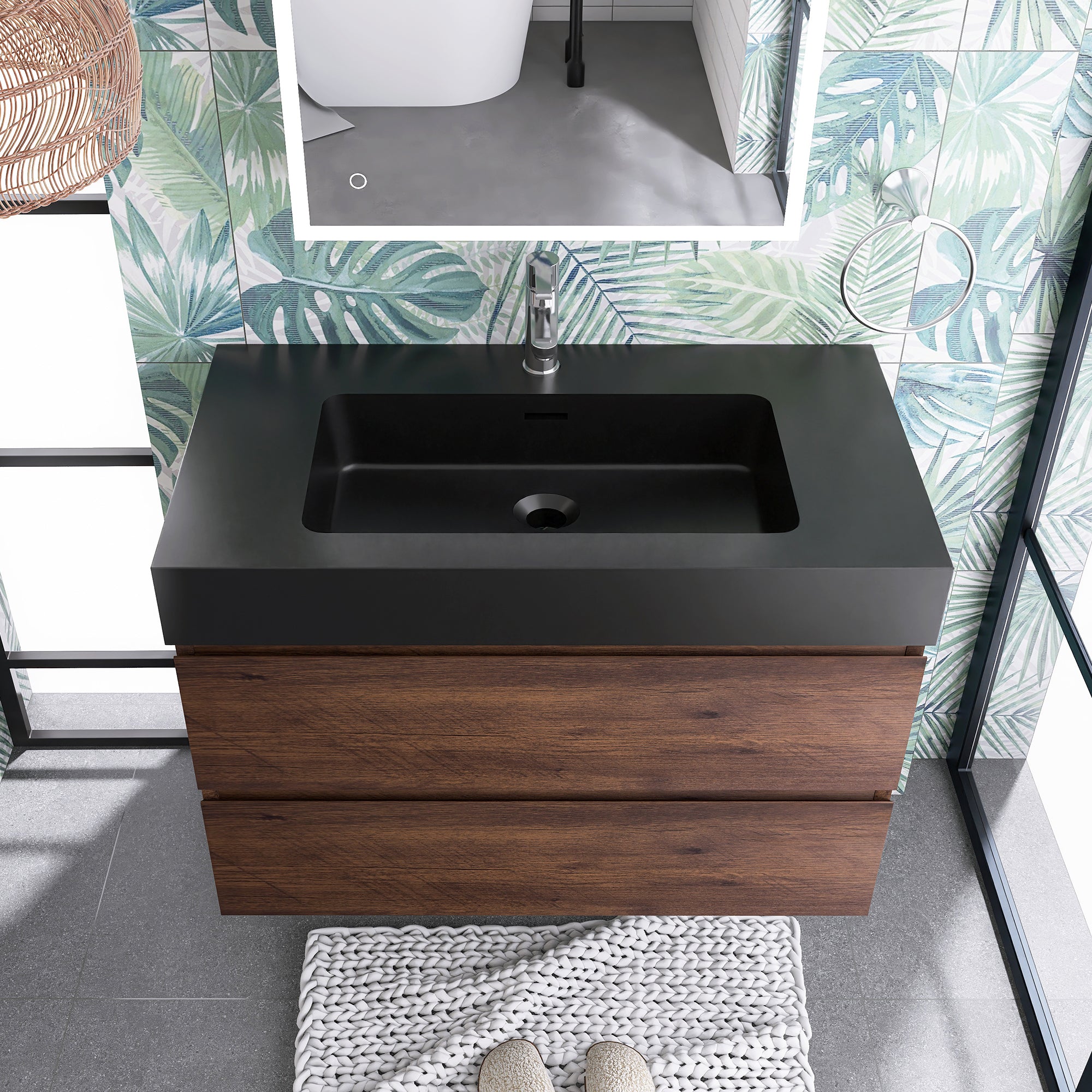 Wood Wall-Mounted Bathroom Vanity Set with Integrated Solid Surface Sink