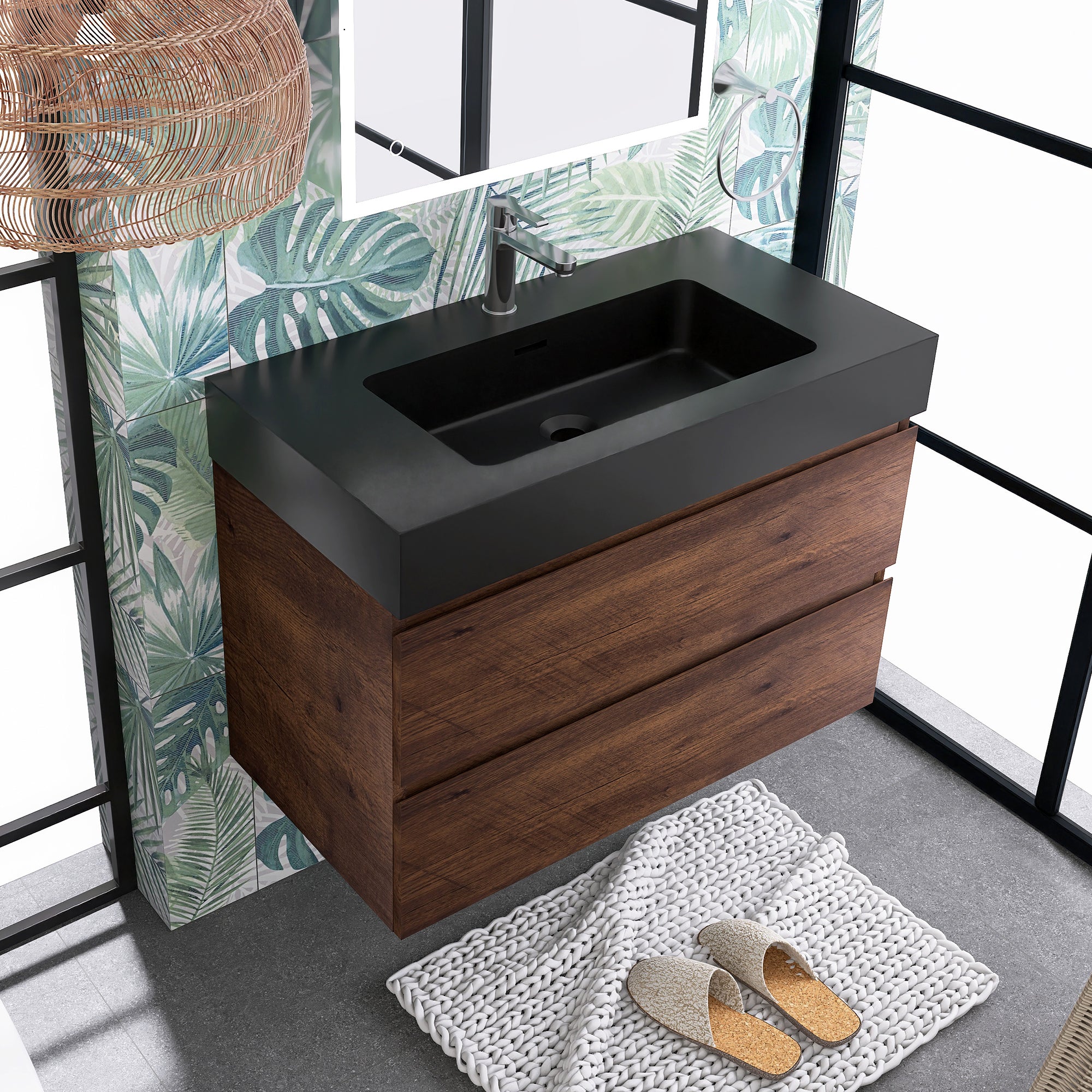 Wood Wall-Mounted Bathroom Vanity Set with Integrated Solid Surface Sink