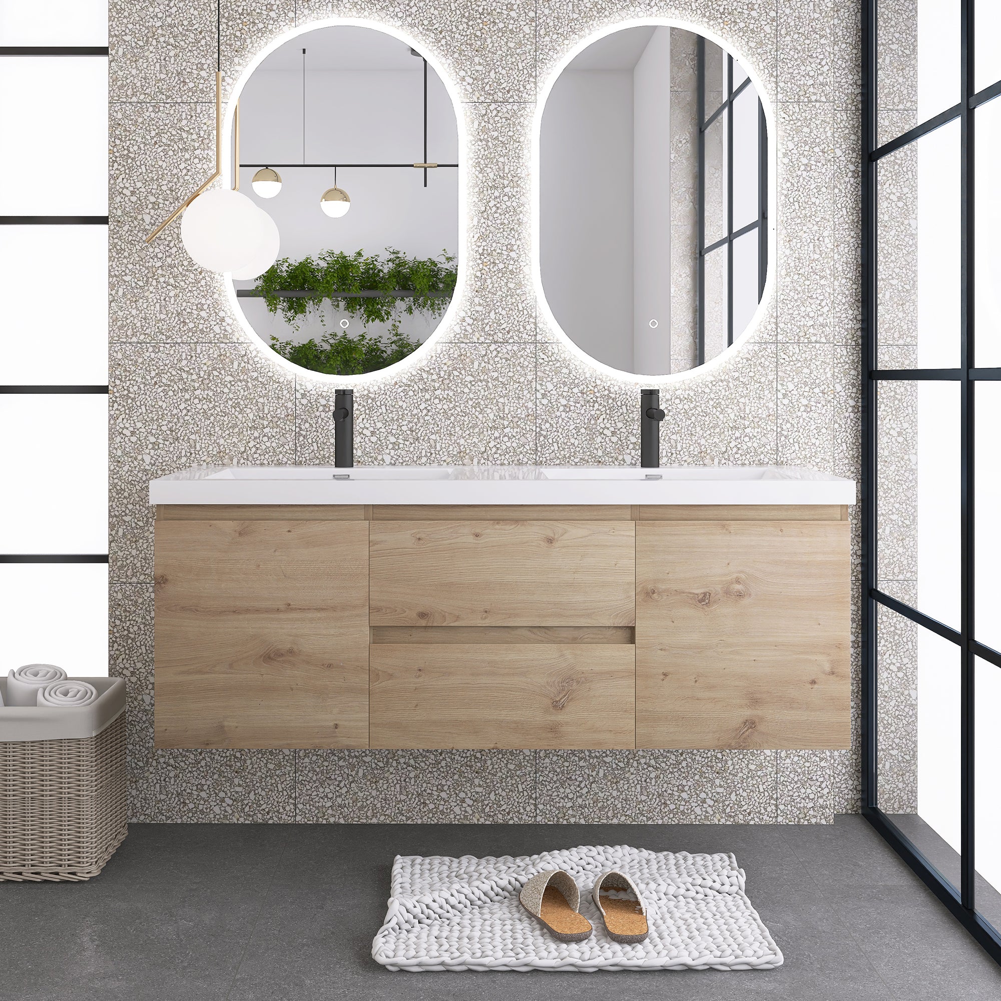 JimsMaison Wall-Mounted 2-drawer Bathroom Vanity Set with Integrated Resin Sink