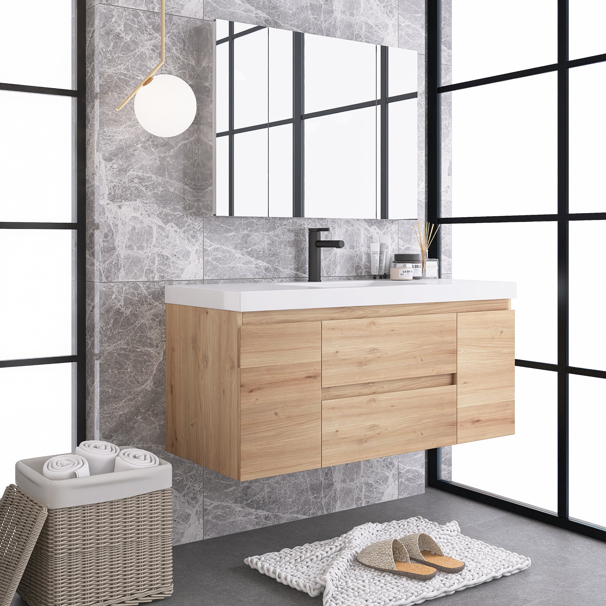 JimsMaison Wall-Mounted 2-drawer Bathroom Vanity Set with Integrated Resin Sink