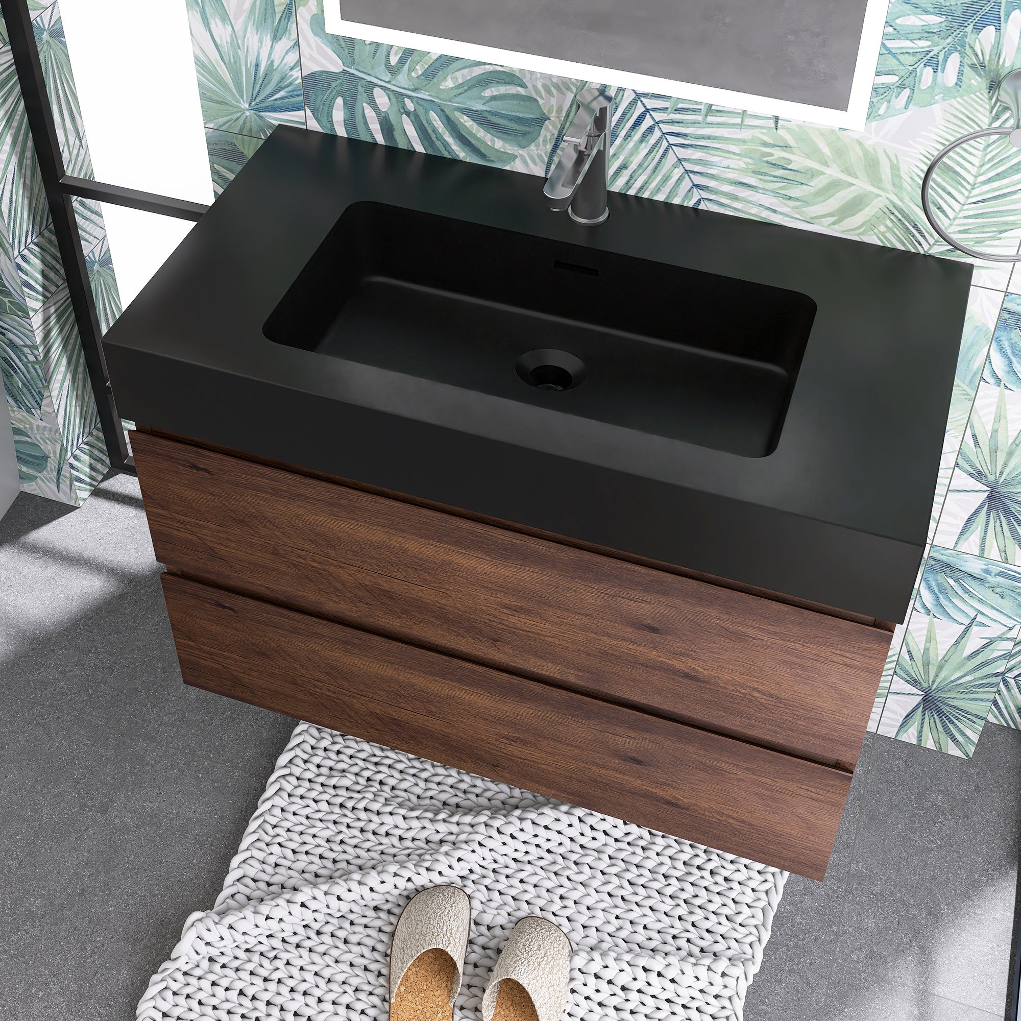 Wood Wall-Mounted Bathroom Vanity Set with Integrated Solid Surface Sink