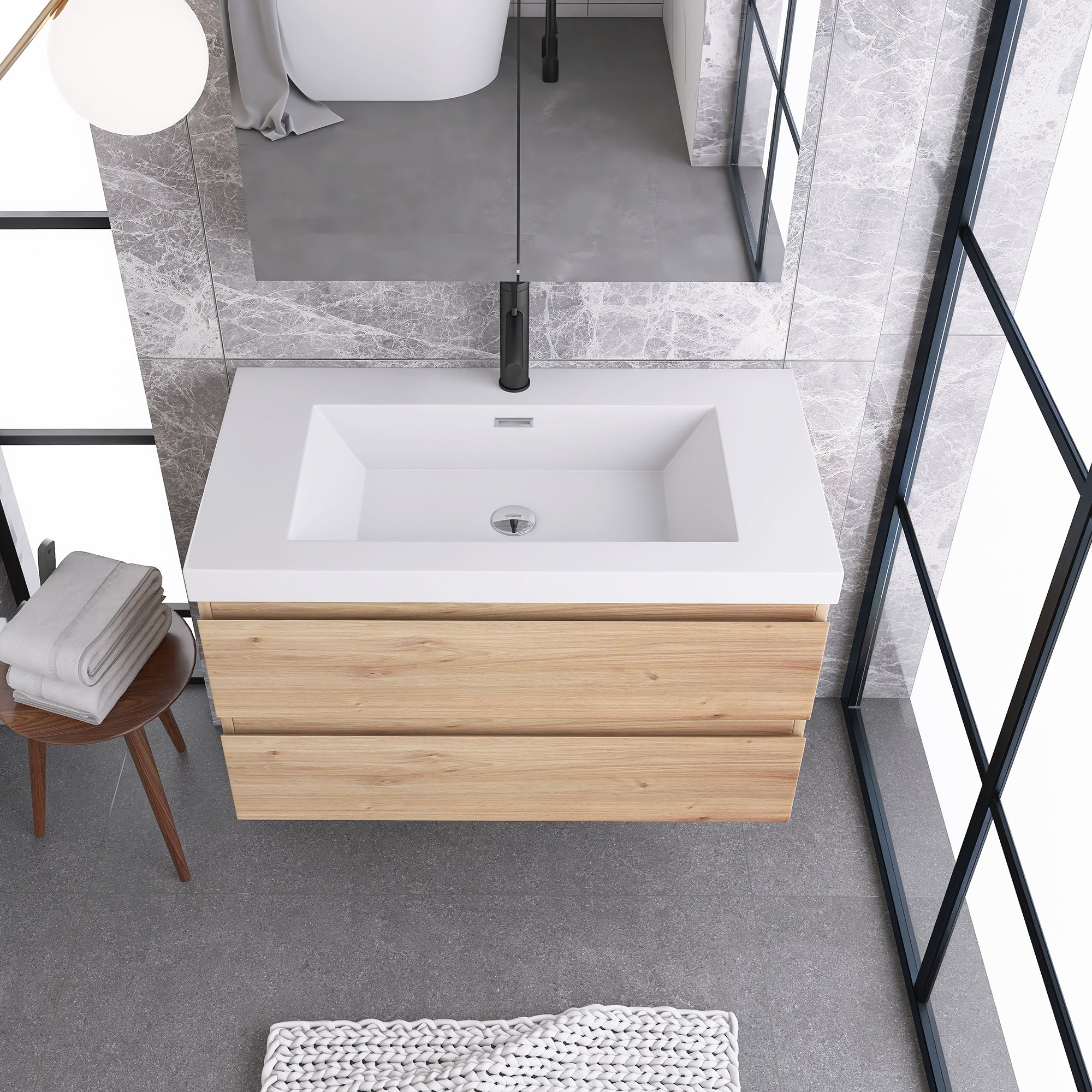 JimsMaison Wall-Mounted 2-drawer Bathroom Vanity Set with Integrated Resin Sink
