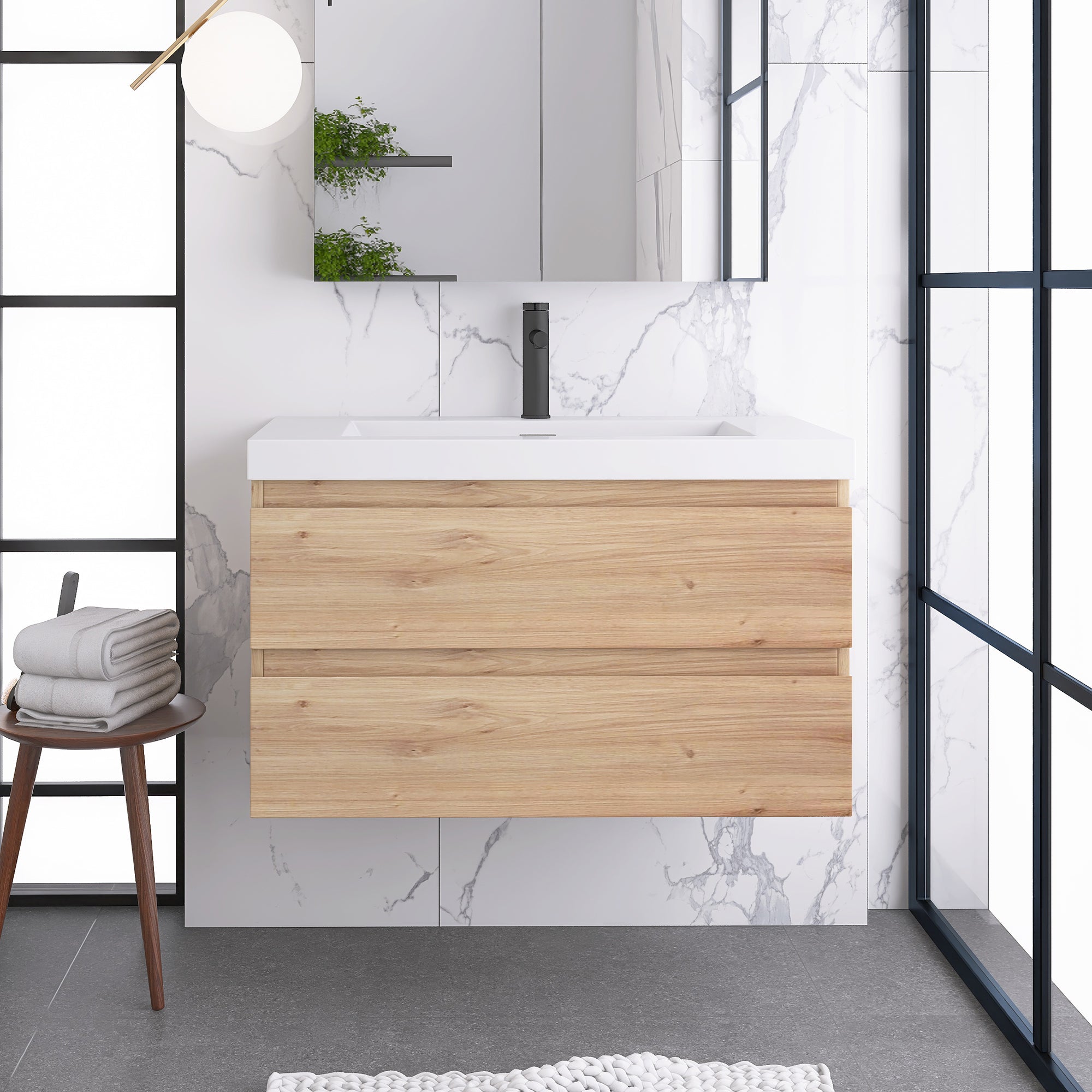JimsMaison Wall-Mounted 2-drawer Bathroom Vanity Set with Integrated Resin Sink