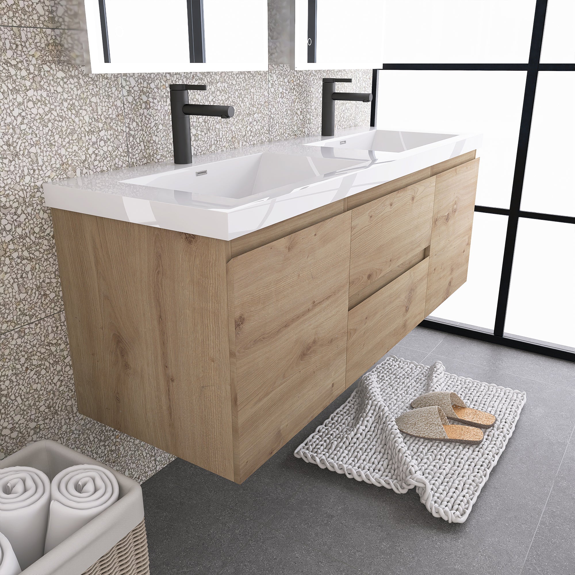 JimsMaison Wall-Mounted 2-drawer Bathroom Vanity Set with Integrated Resin Sink