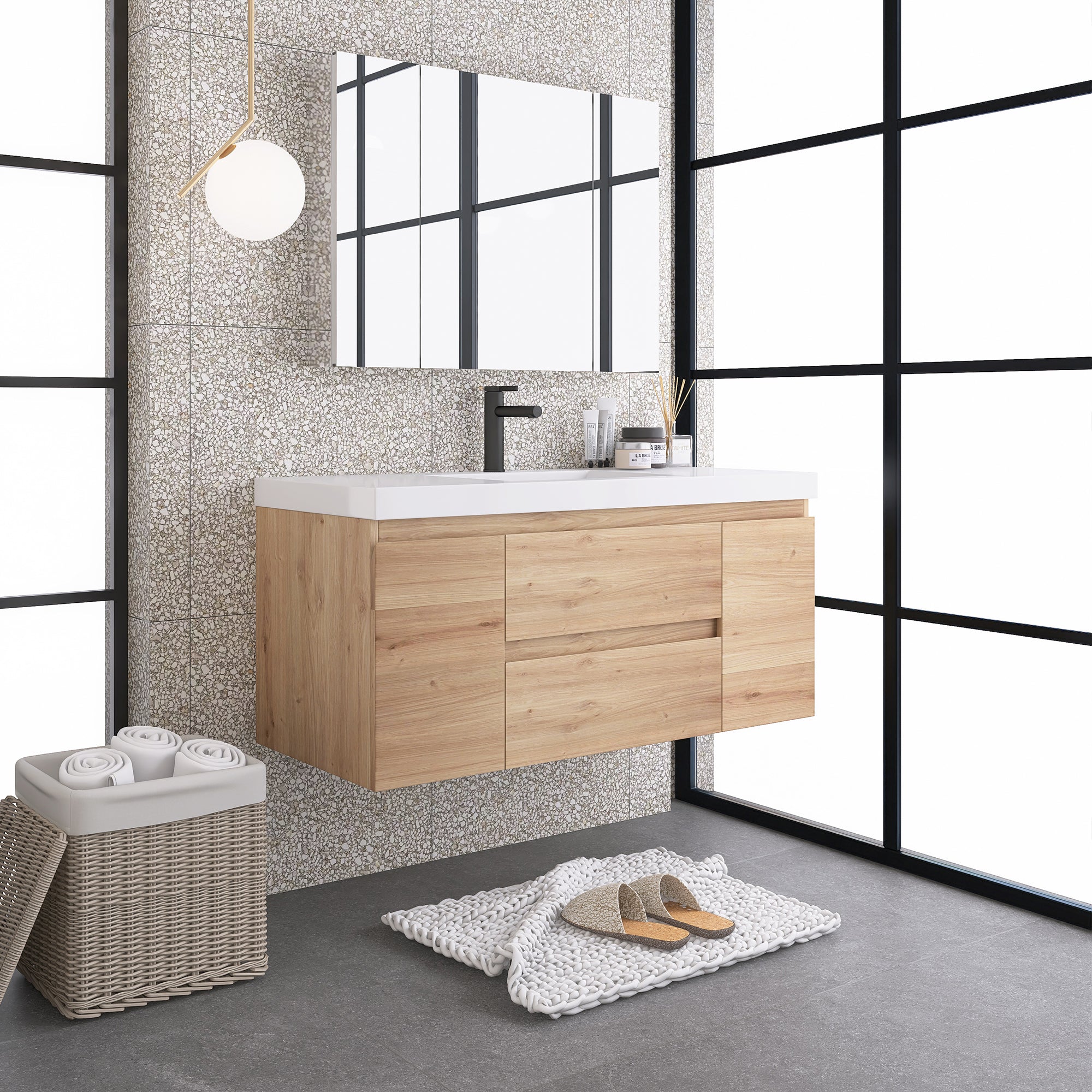 JimsMaison Wall-Mounted 2-drawer Bathroom Vanity Set with Integrated Resin Sink