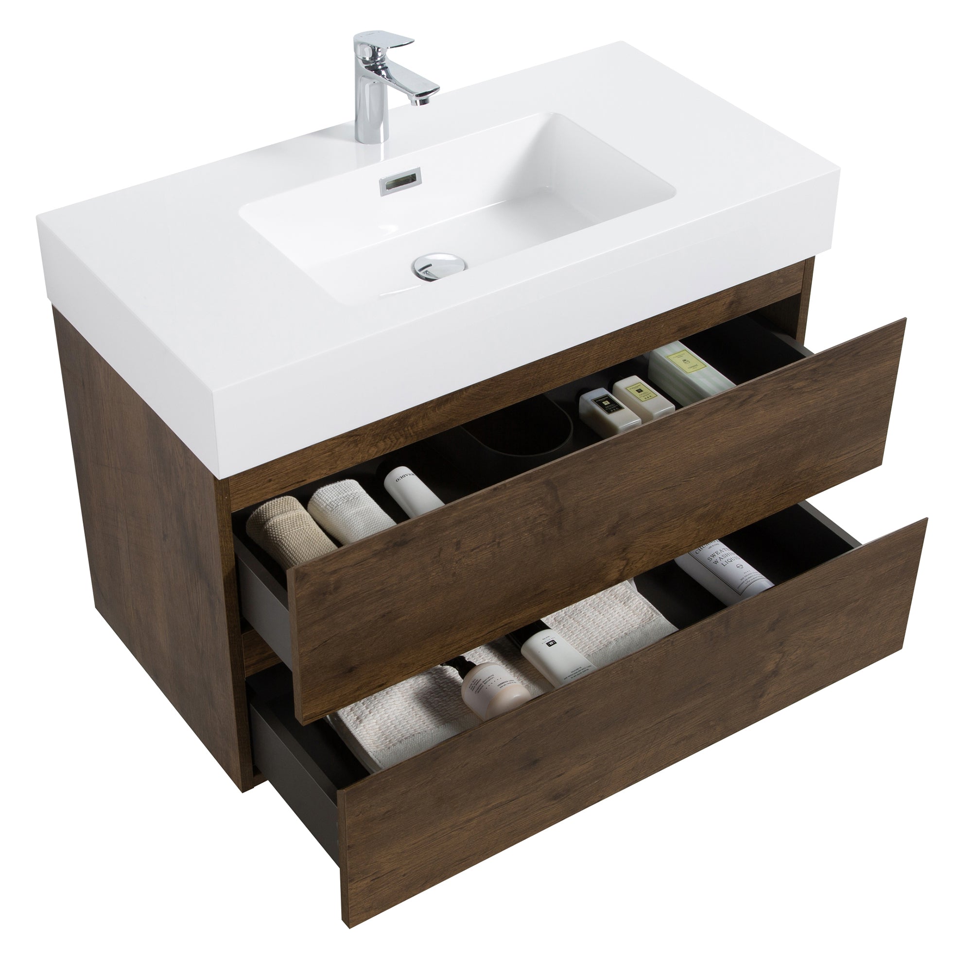 Wood Wall-Mounted Bathroom Vanity Set with Integrated Solid Surface Sink