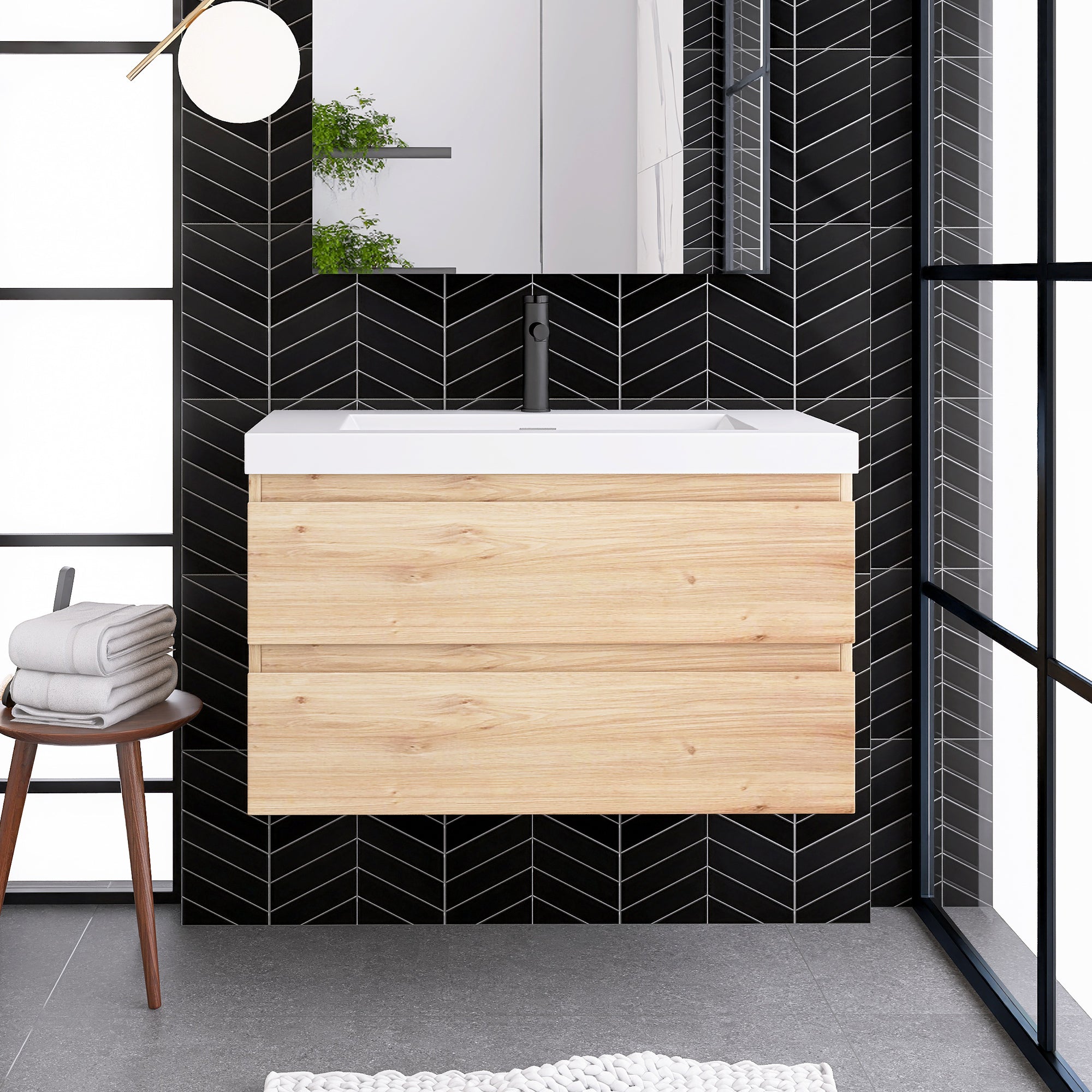 JimsMaison Wall-Mounted 2-drawer Bathroom Vanity Set with Integrated Resin Sink