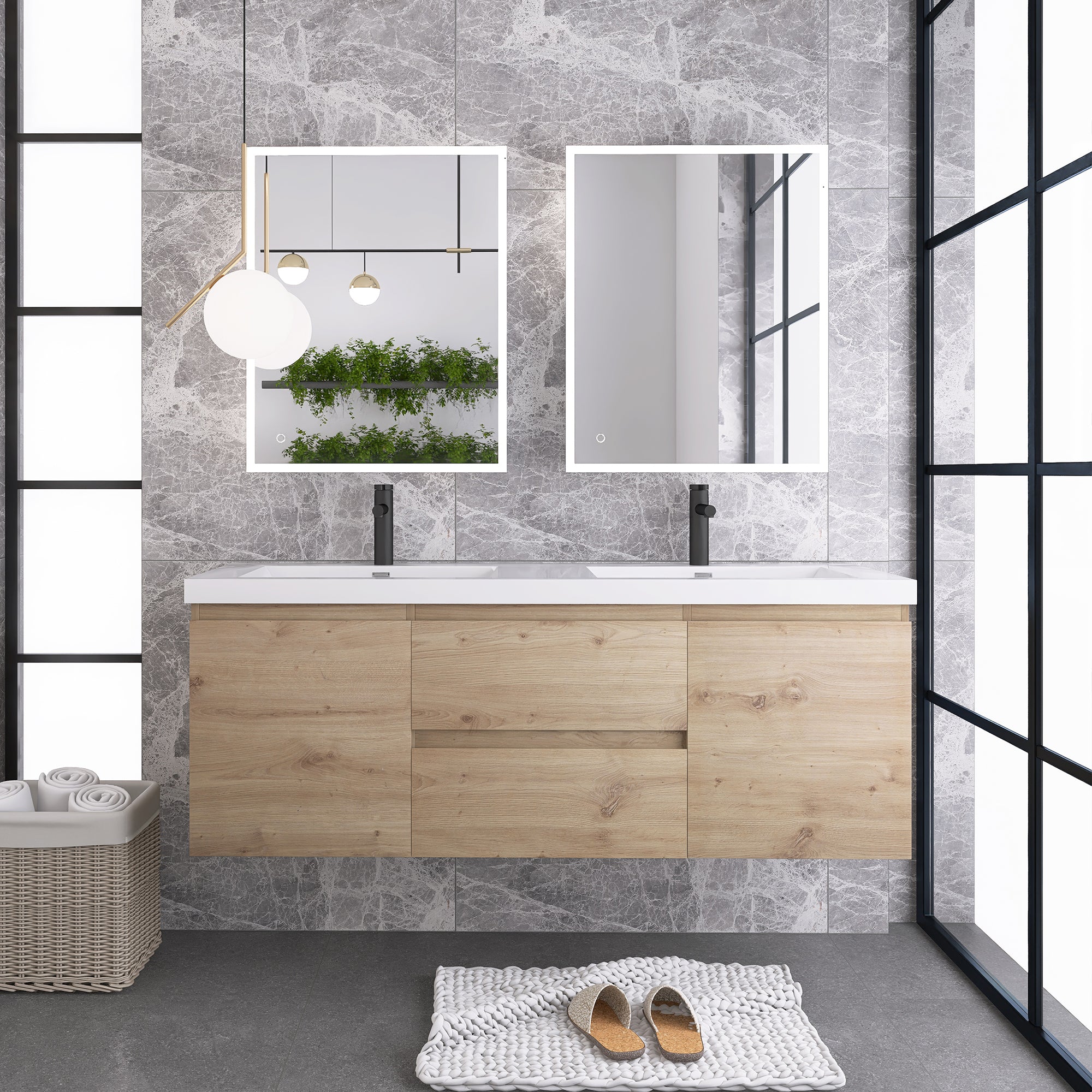 JimsMaison Wall-Mounted 2-drawer Bathroom Vanity Set with Integrated Resin Sink