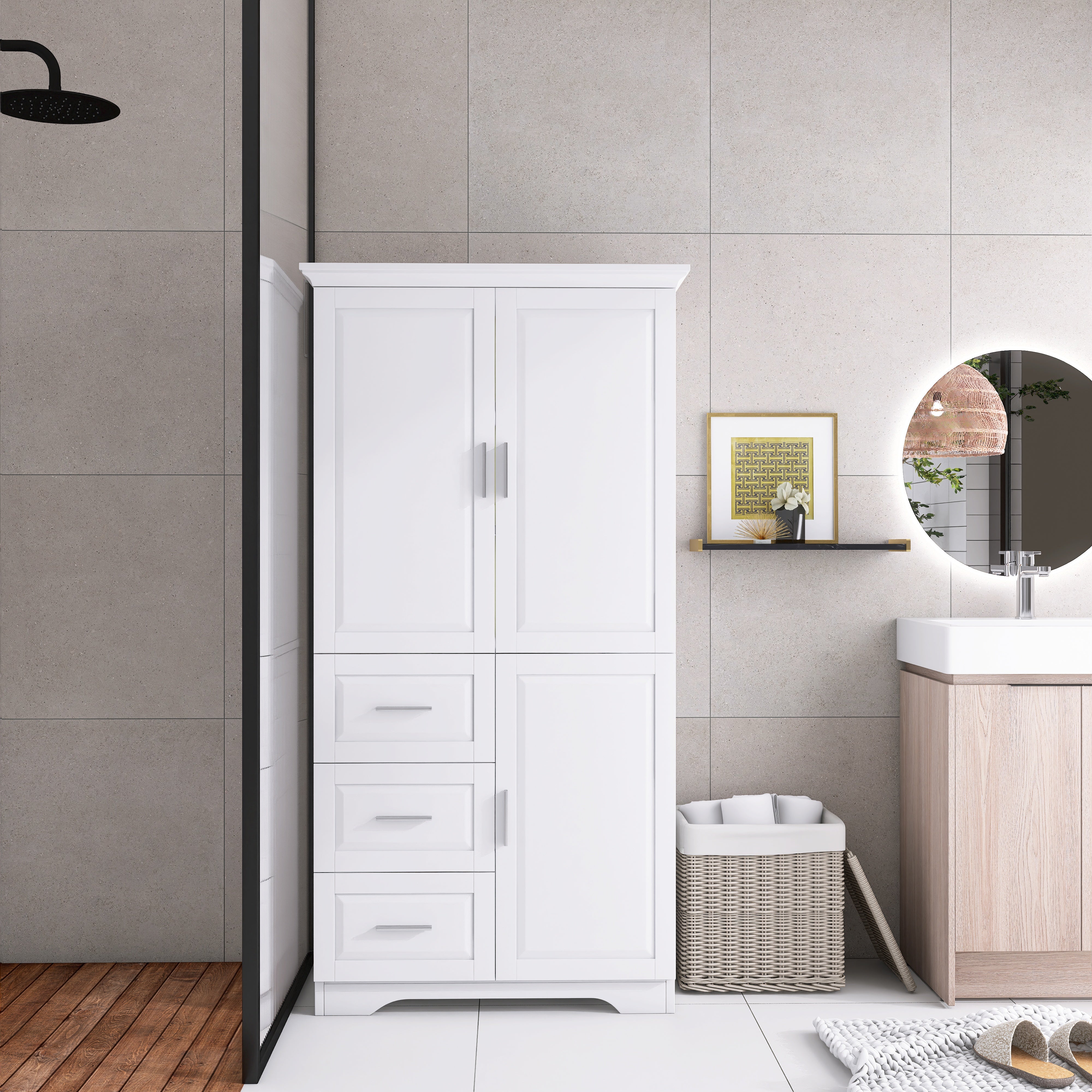Tall and Wide Storage Cabinet with Doors for Bathroom/Office with Three Drawers