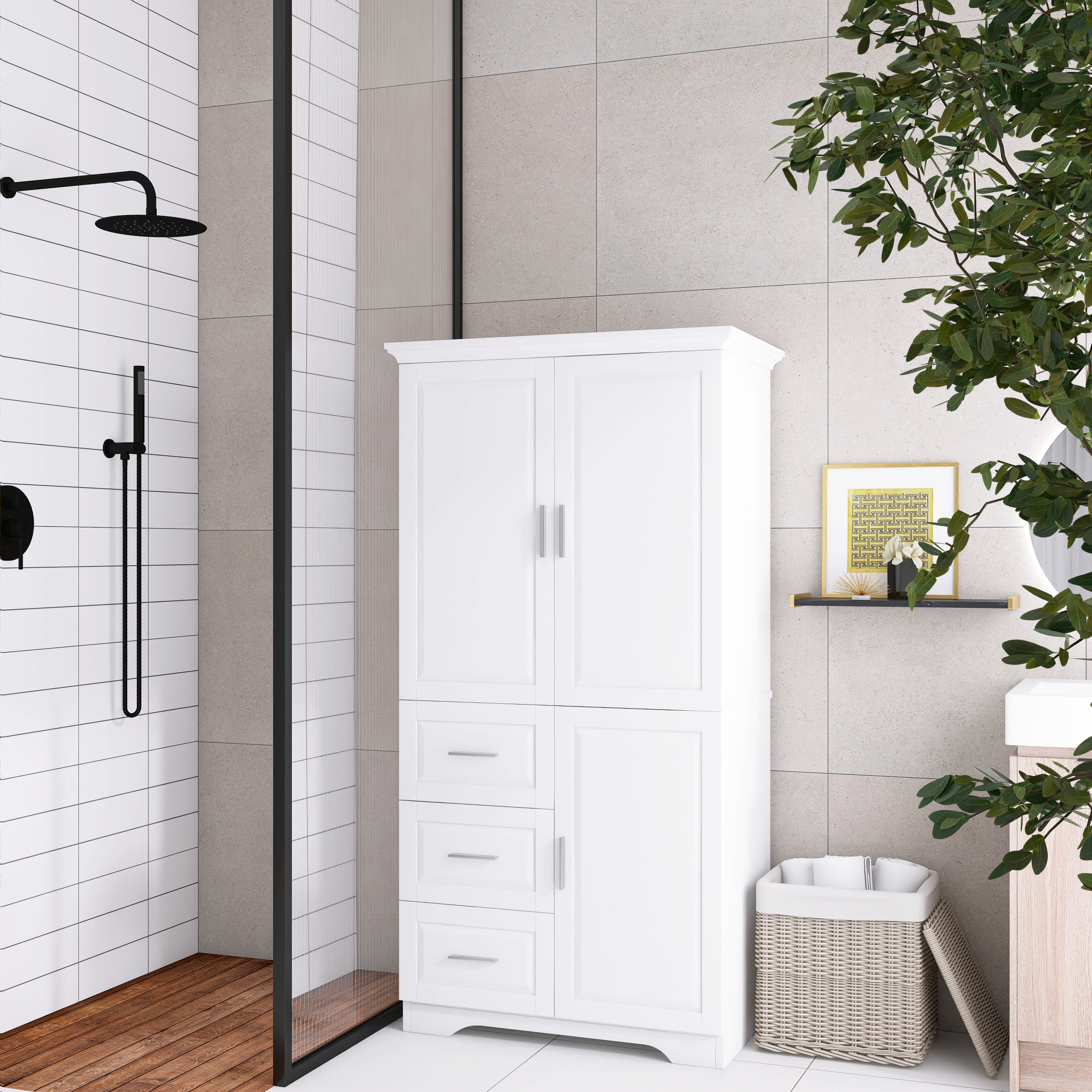 Tall and Wide Storage Cabinet with Doors for Bathroom/Office with Three Drawers