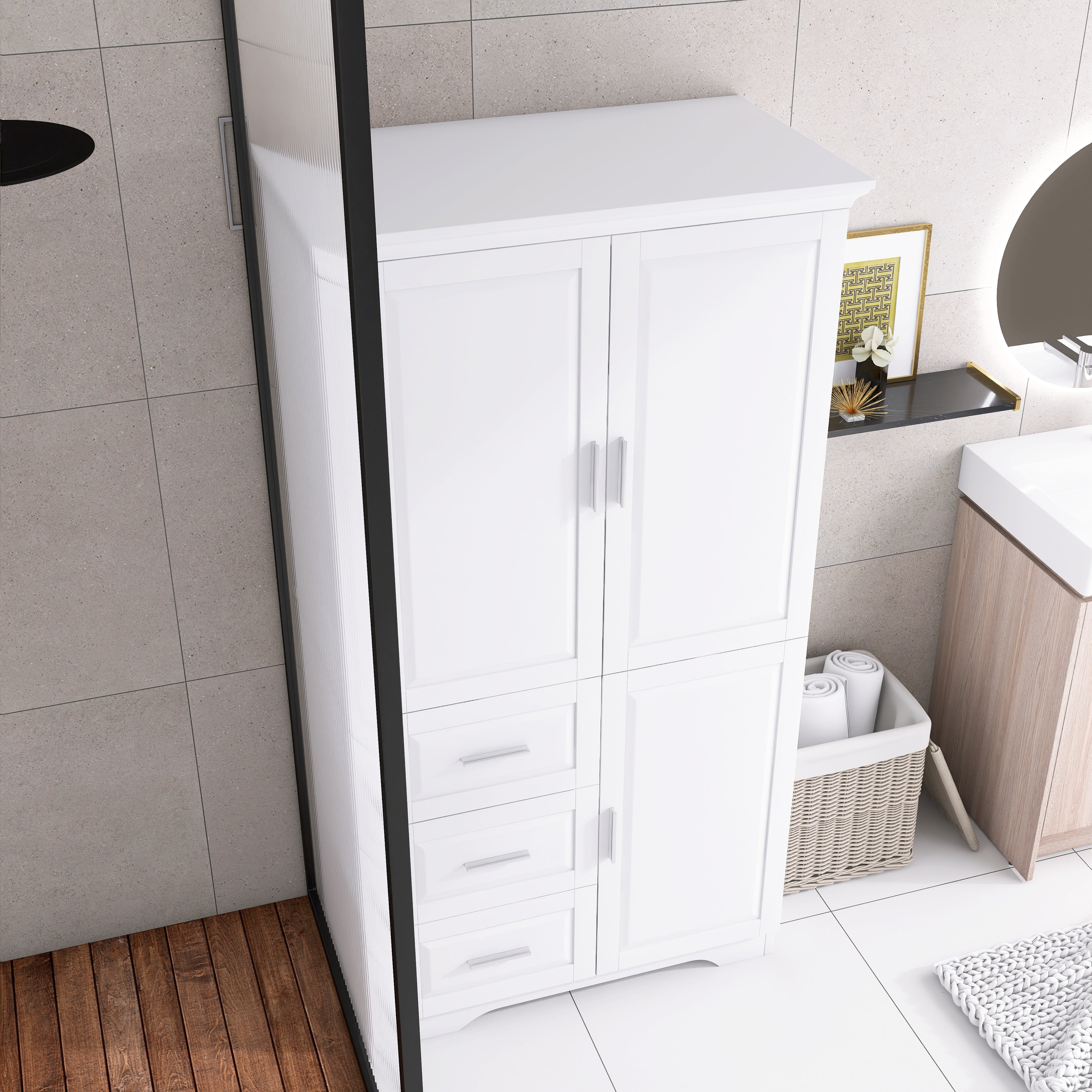 Tall and Wide Storage Cabinet with Doors for Bathroom/Office with Three Drawers