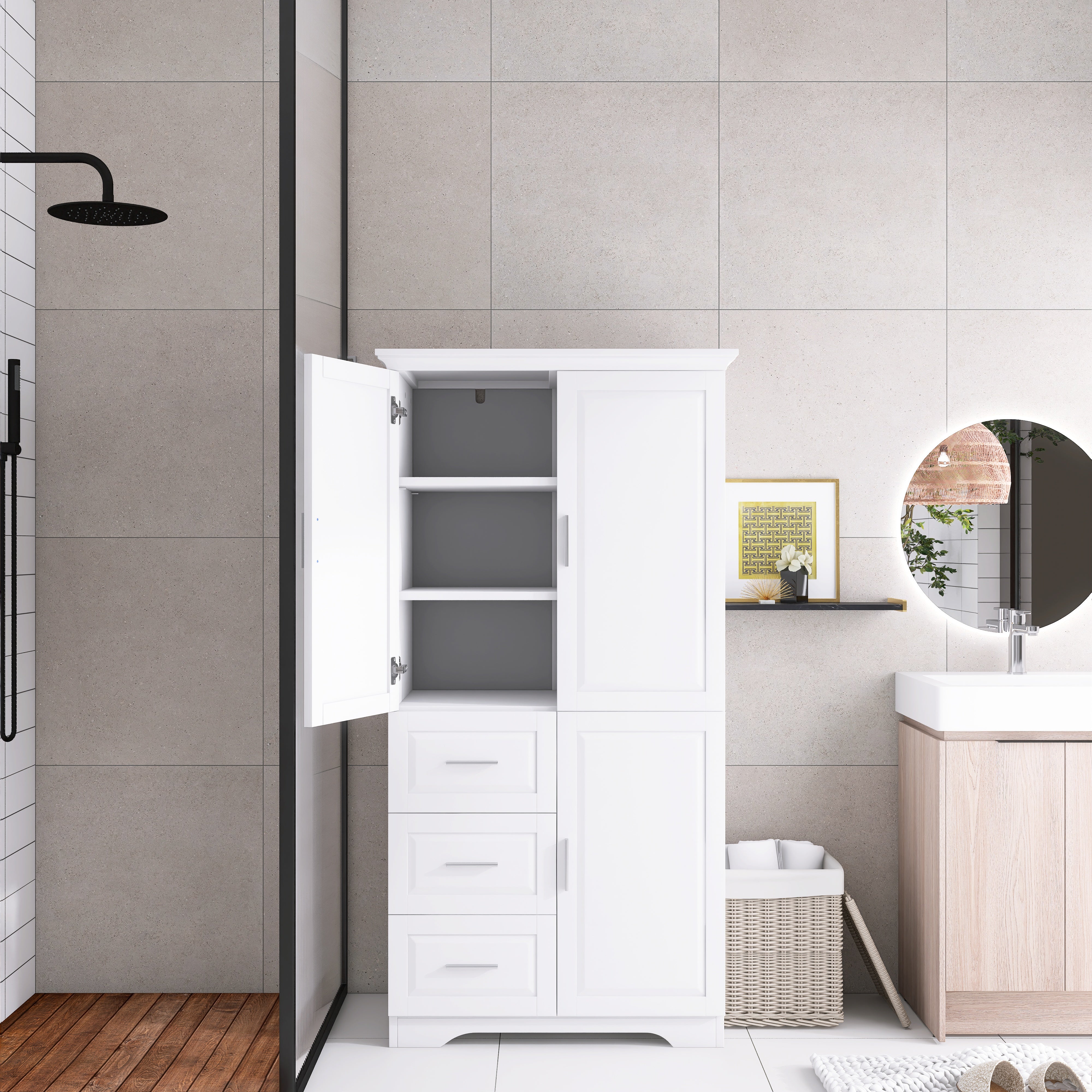Tall and Wide Storage Cabinet with Doors for Bathroom/Office with Three Drawers