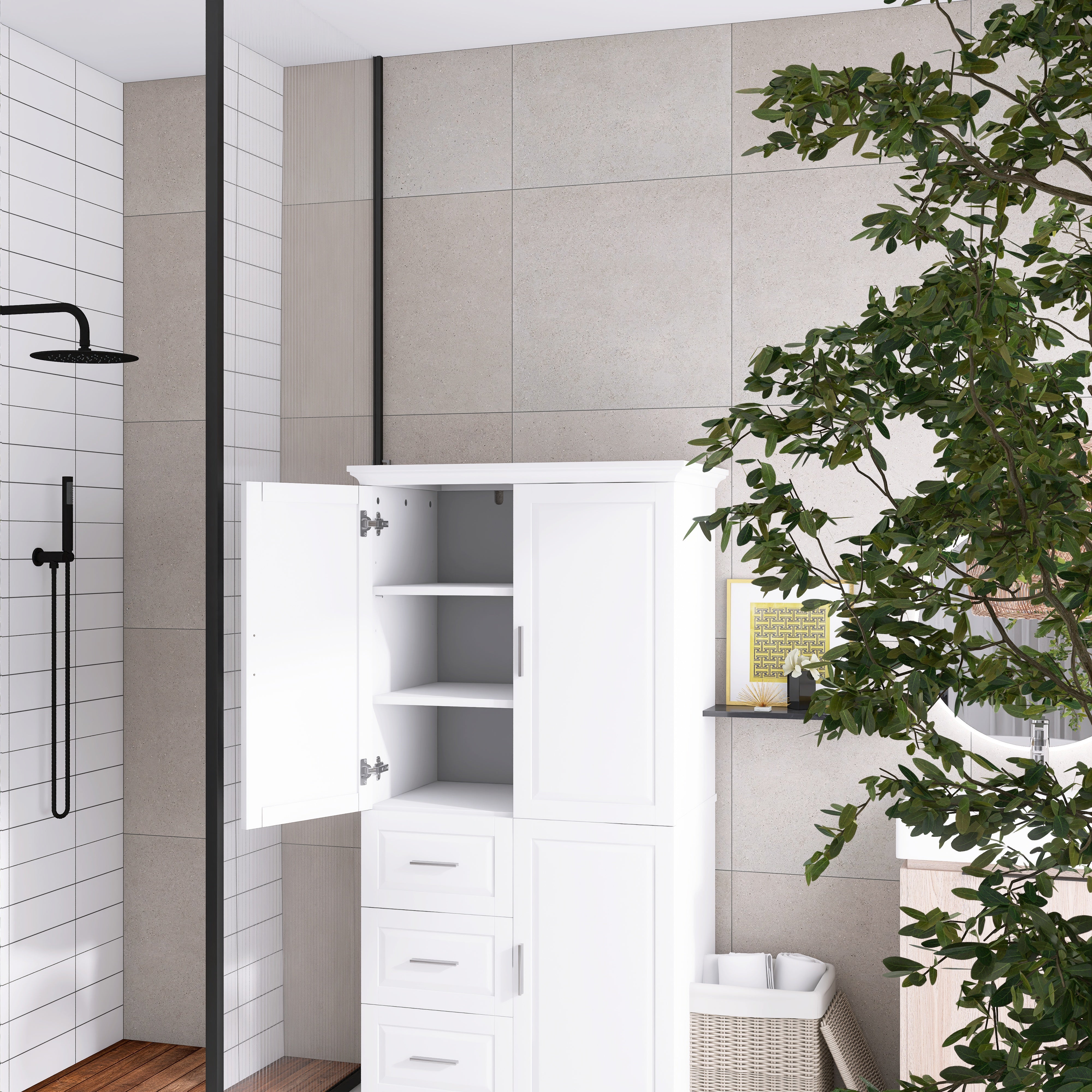 Tall and Wide Storage Cabinet with Doors for Bathroom/Office with Three Drawers