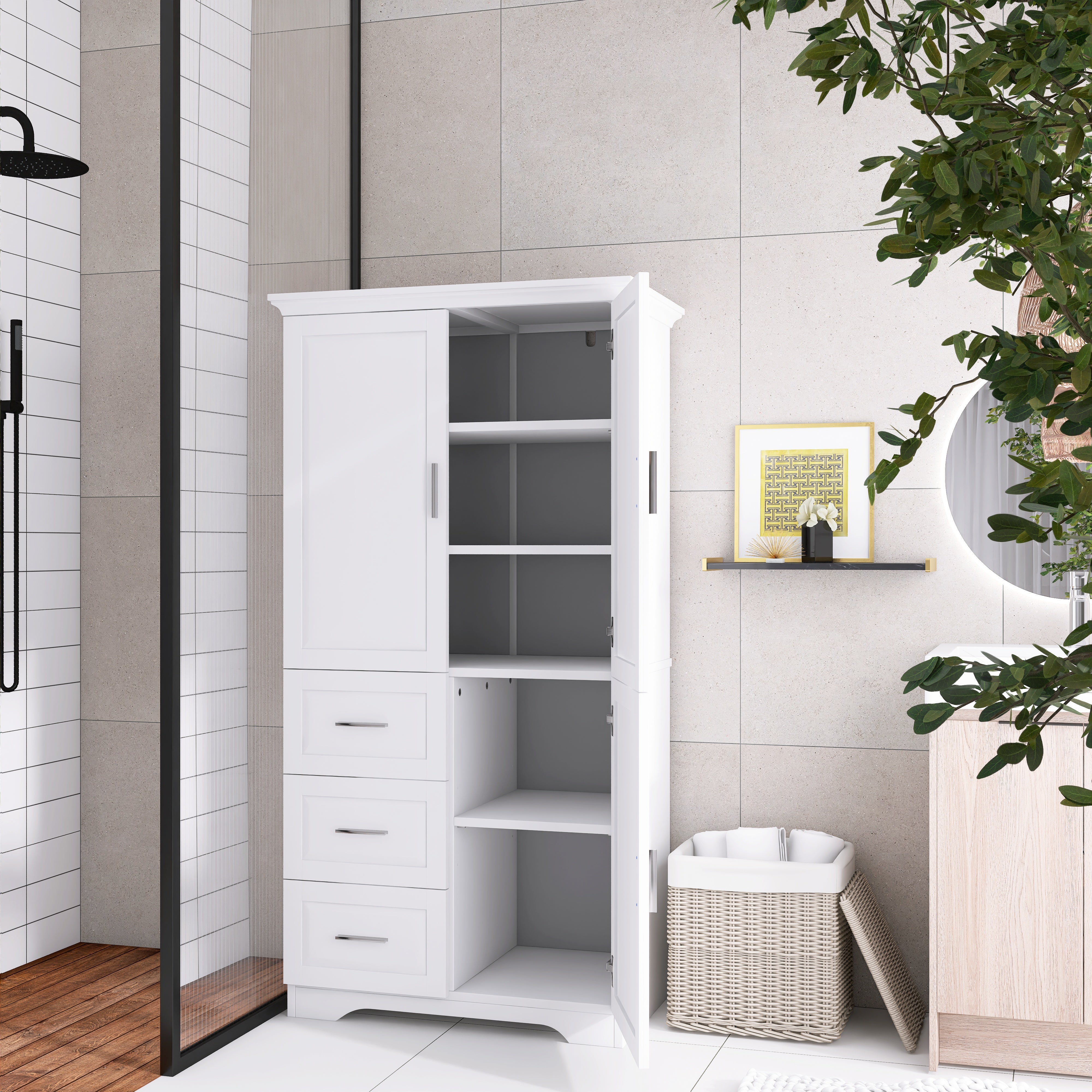 Tall and Wide Storage Cabinet with Doors for Bathroom/Office with Three Drawers