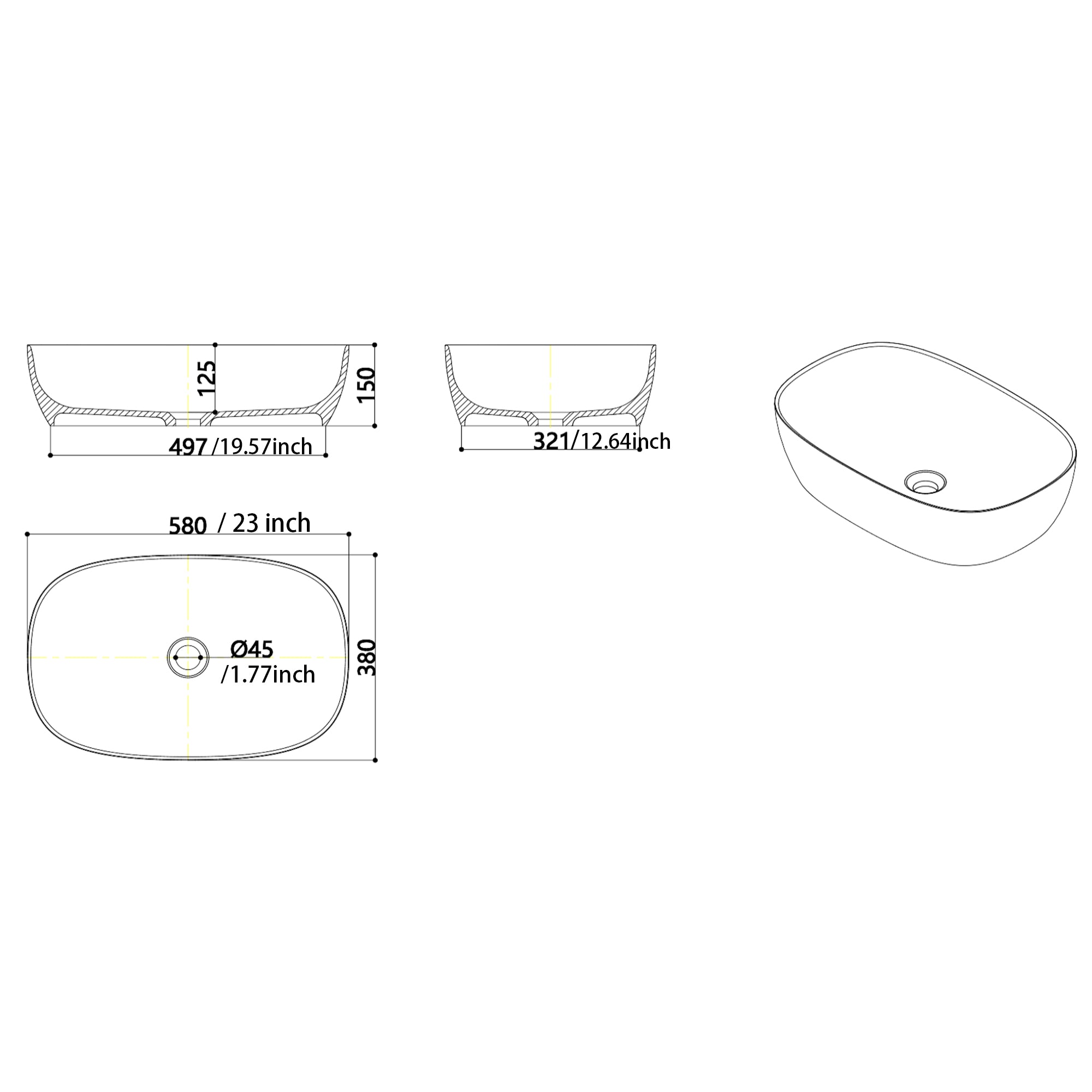 Solid Surface Rectangular Bathroom Vessel Sink