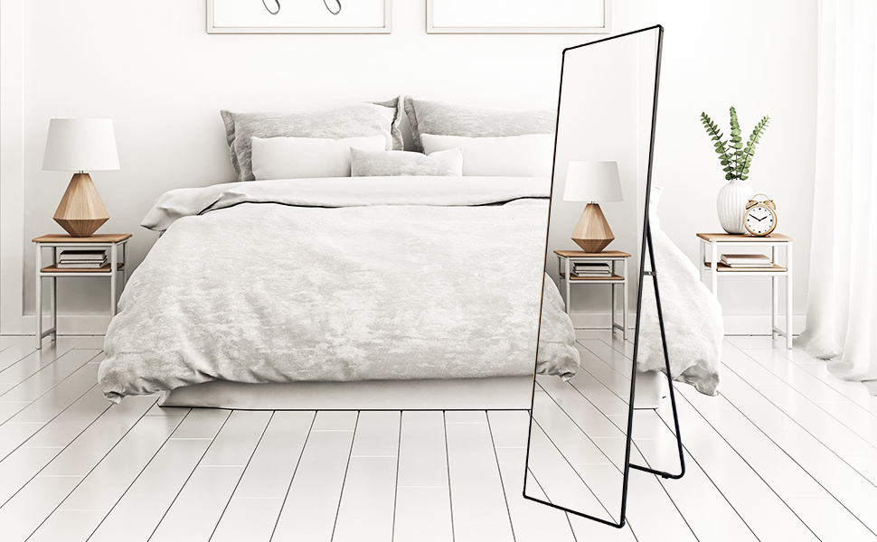 Rectangular Framed Freestanding Mirror in Black.
