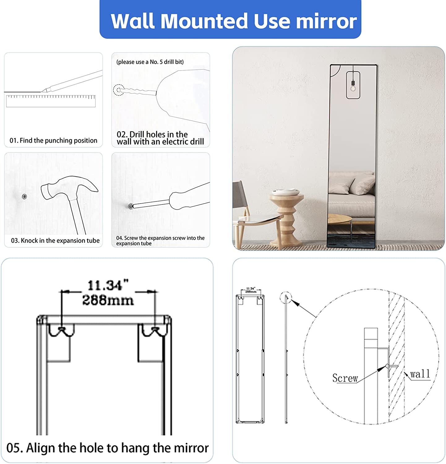 Rectangular Framed Freestanding Mirror in Black.