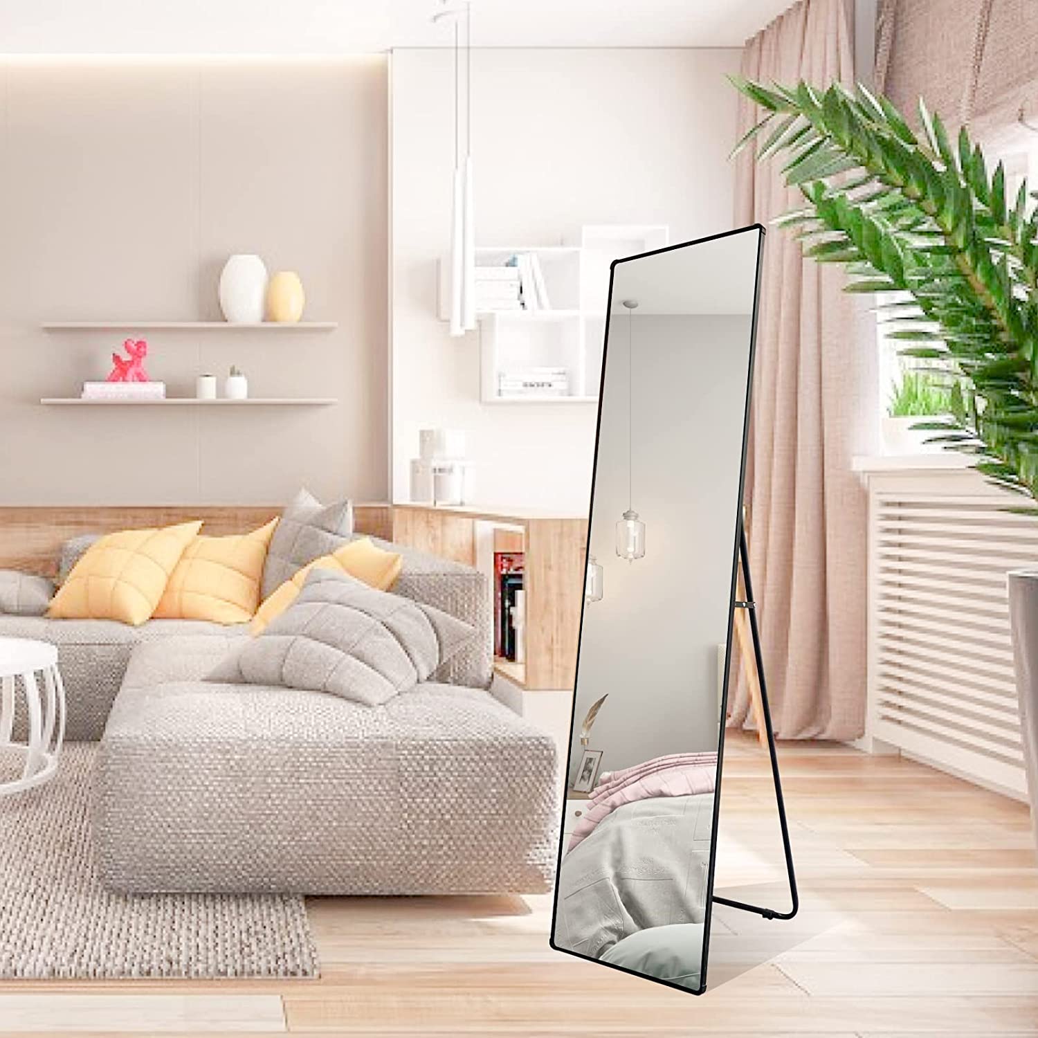 Rectangular Framed Freestanding Mirror in Black.