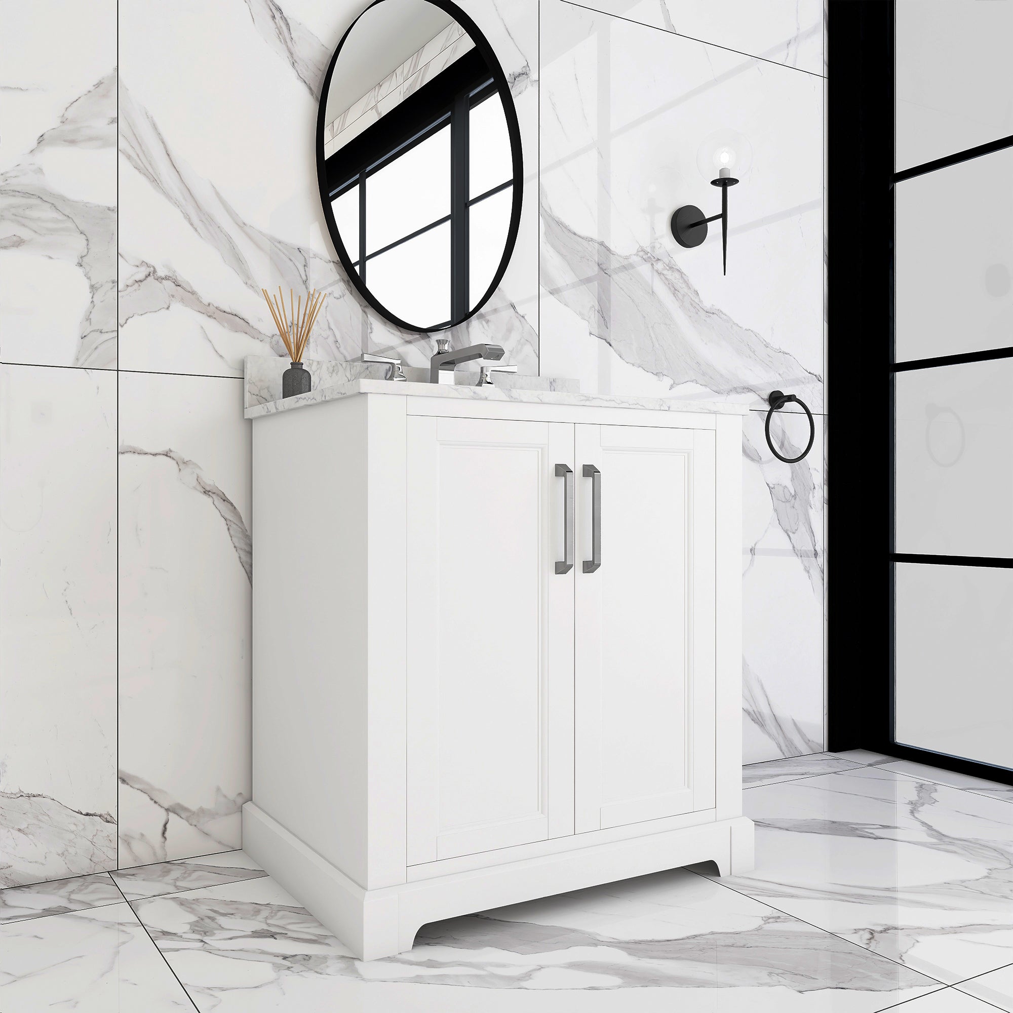30 in. W x 22 in. D x 33 in. H Bath Vanity in White with Carrara White Marble Top