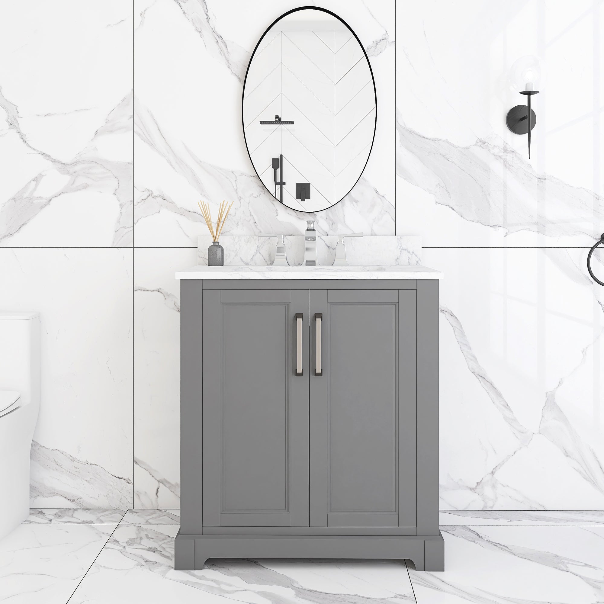 30 in. W x 22 in. D x 33 in. H Bath Vanity in Grey with Carrara White Marble Top