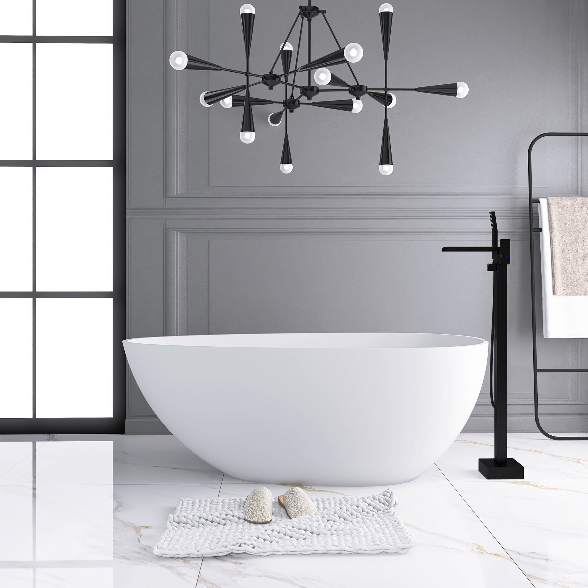 59 in. W Solid Surface Freestanding Flatbottom Soaking Bathtub in Matte White