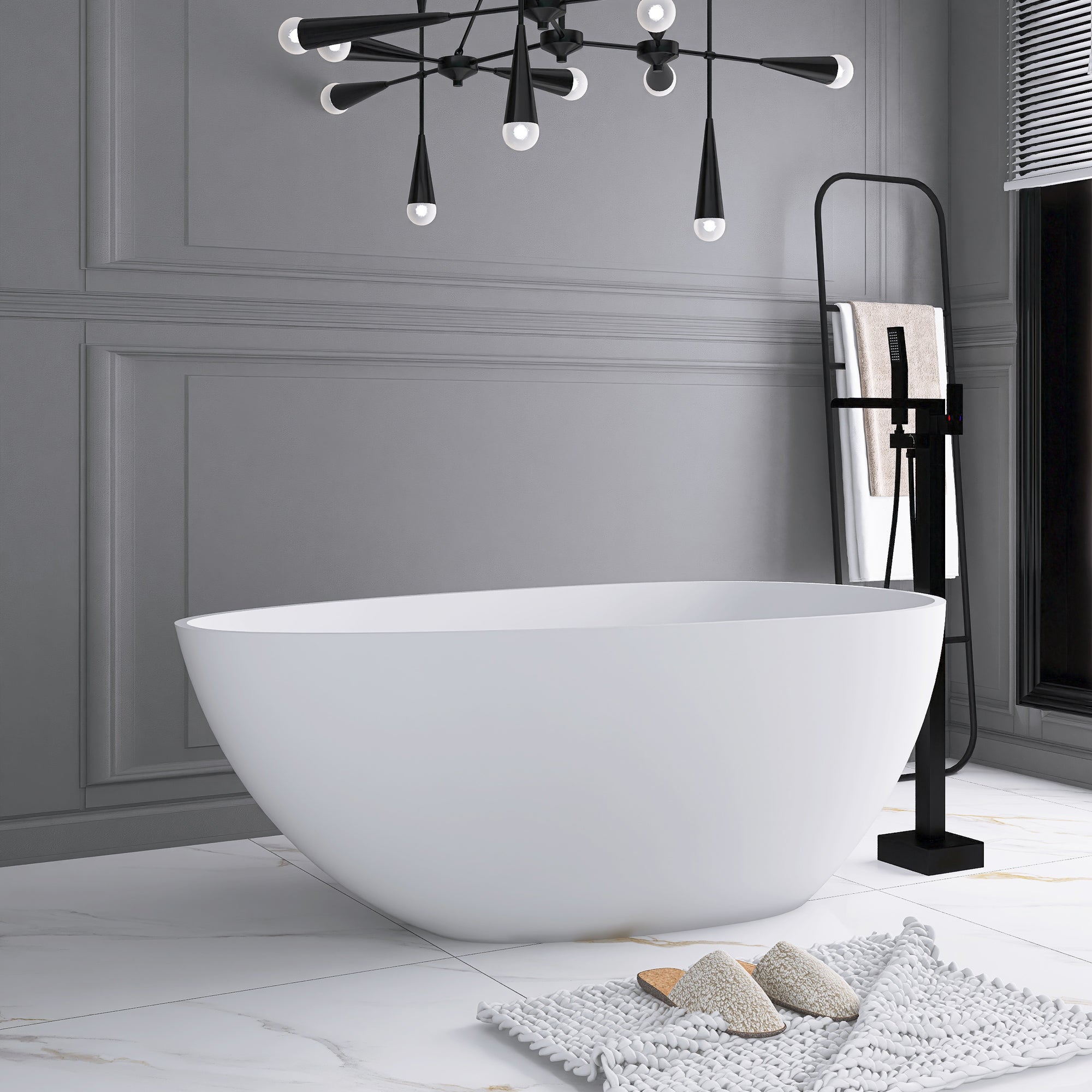 59 in. W Solid Surface Freestanding Flatbottom Soaking Bathtub in Matte White