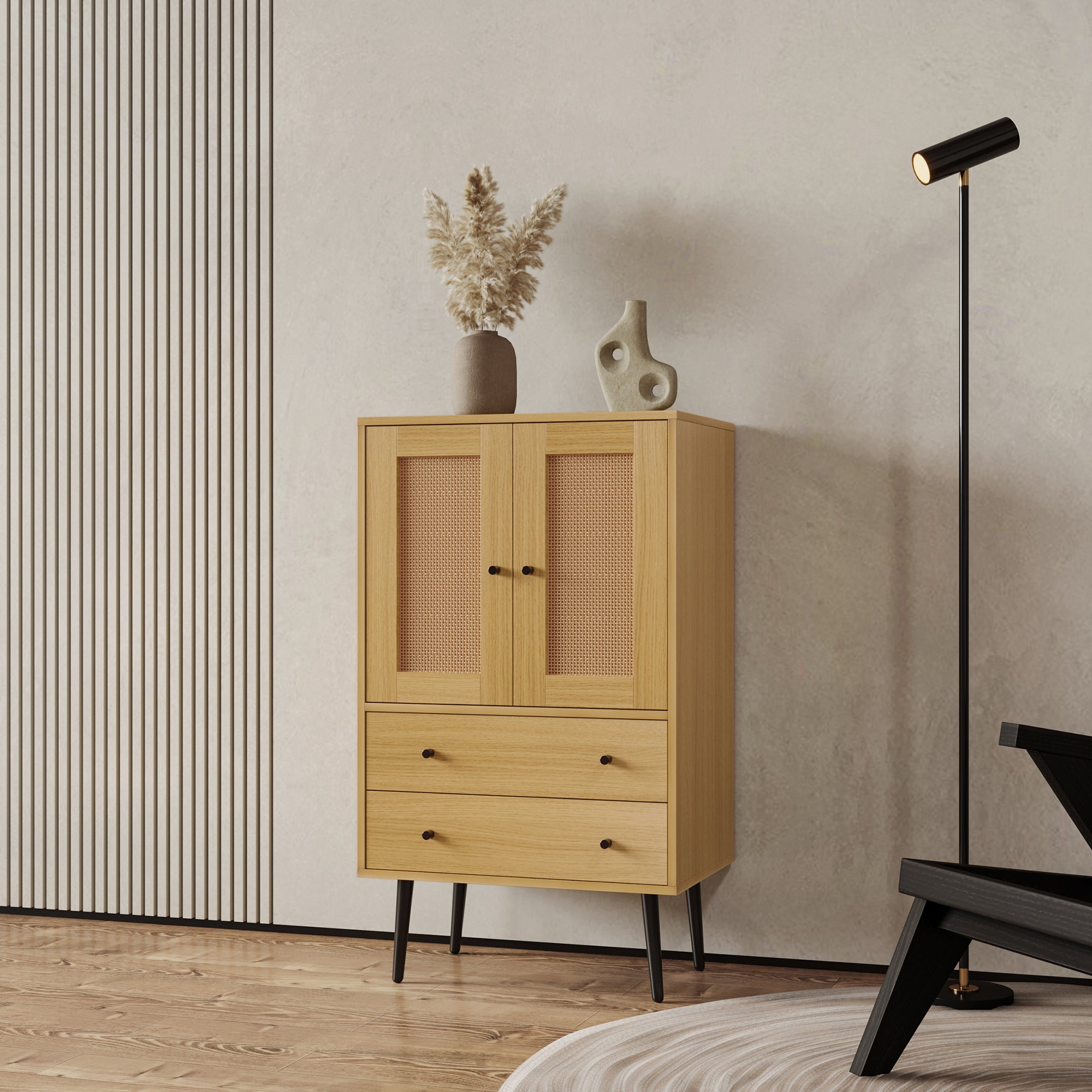 24" Tall Wood Double Door Accent Cabinet with 2 Drawers