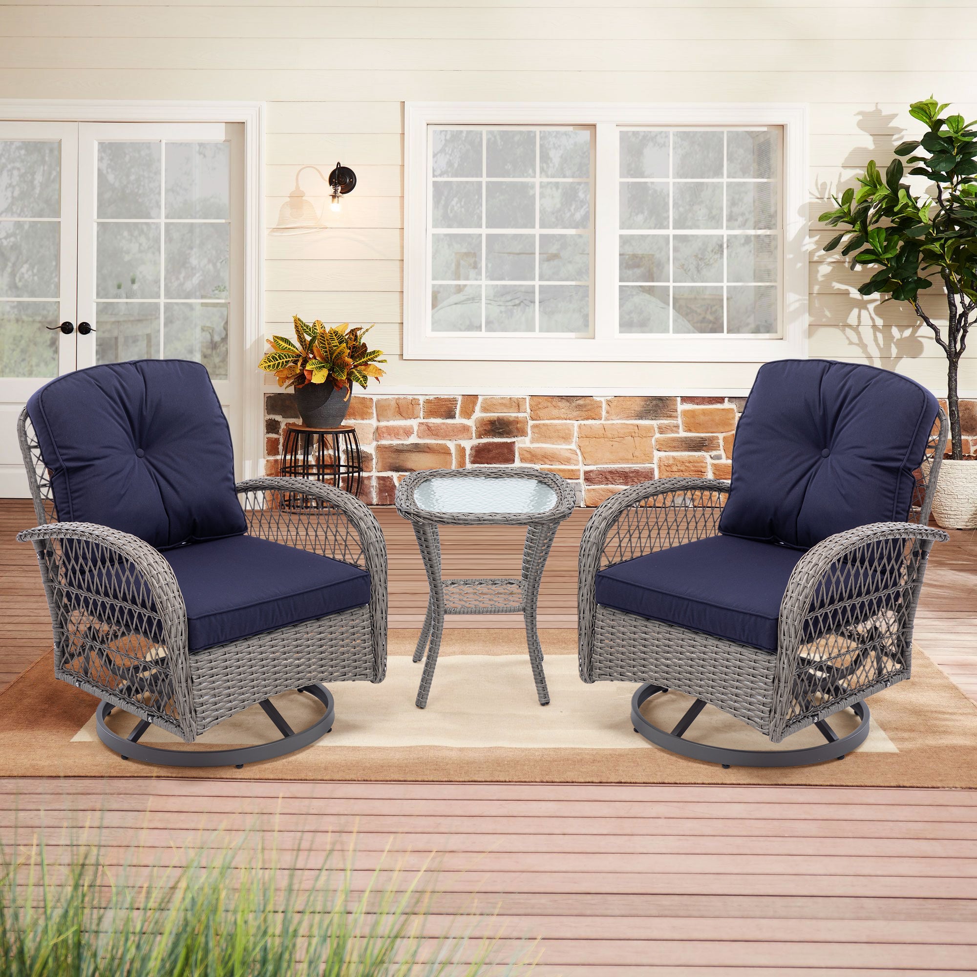 3 Pieces Outdoor Patio Wicker Swivel Chair Set with Cushions