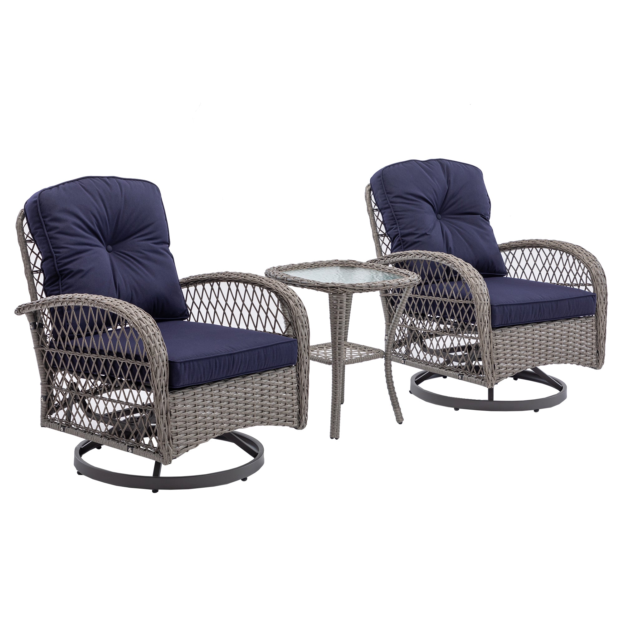 3 Pieces Outdoor Patio Wicker Swivel Chair Set with Cushions
