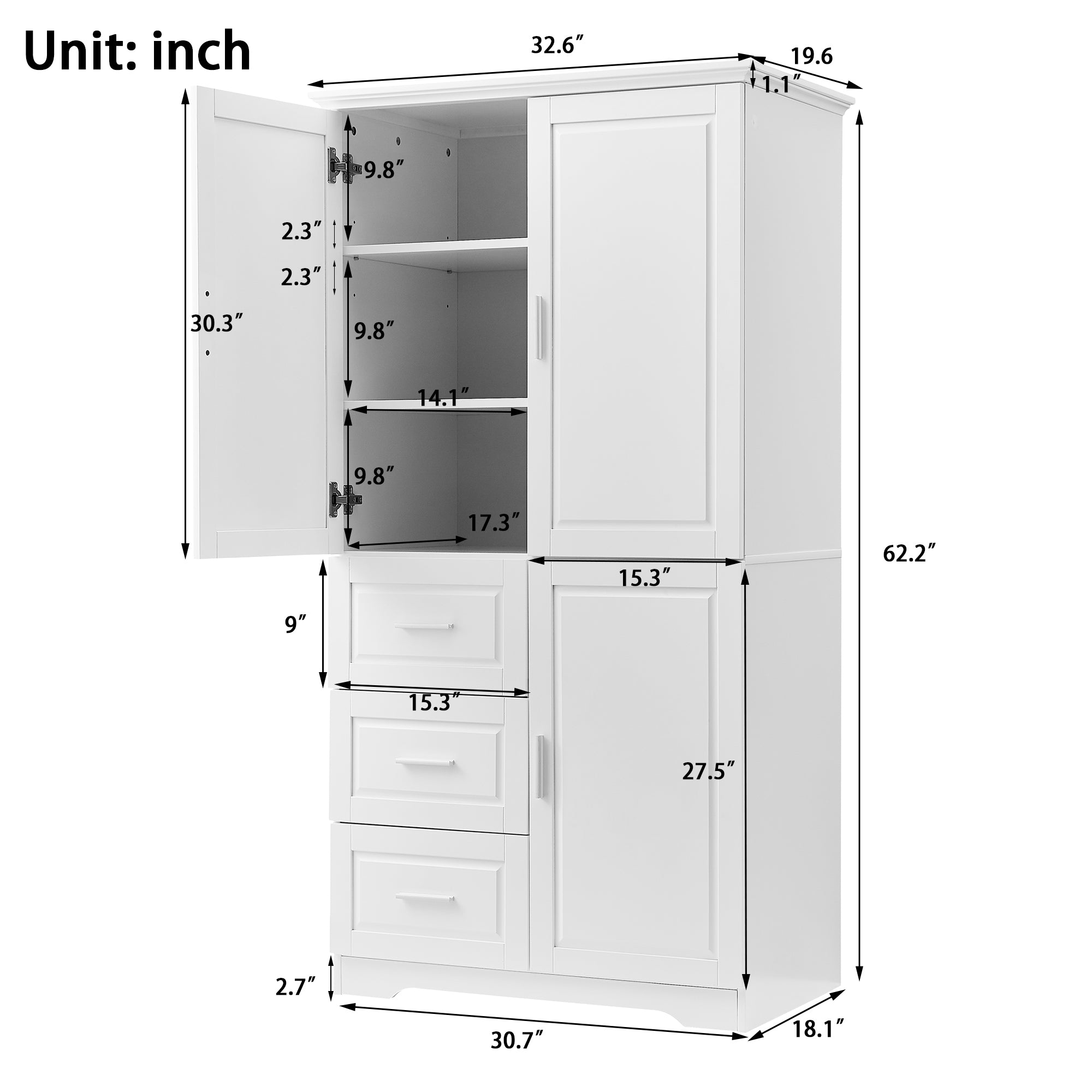 Tall and Wide Storage Cabinet with Doors for Bathroom/Office with Three Drawers