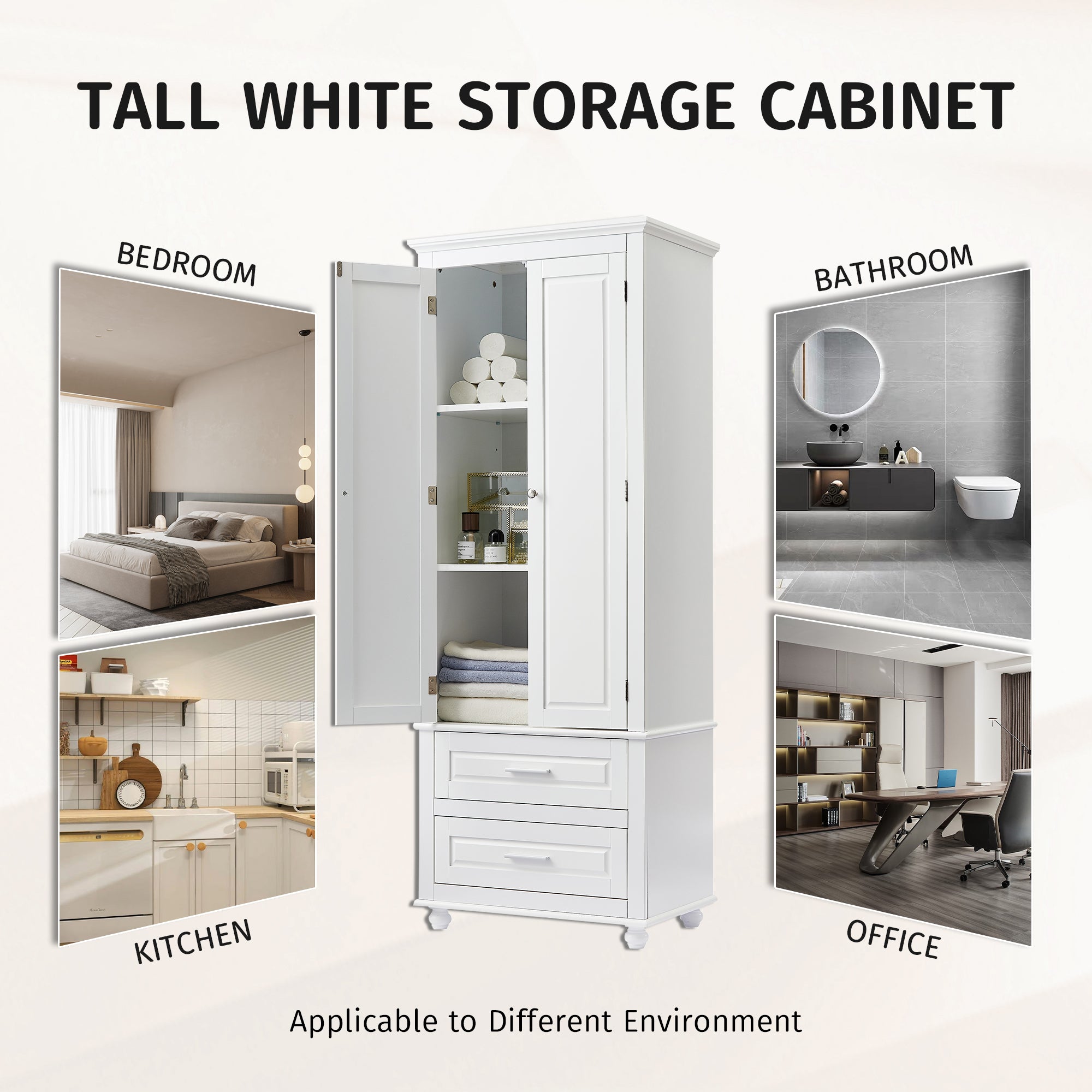 Tall Storage Cabinet with Two Drawers for Bathroom/Office