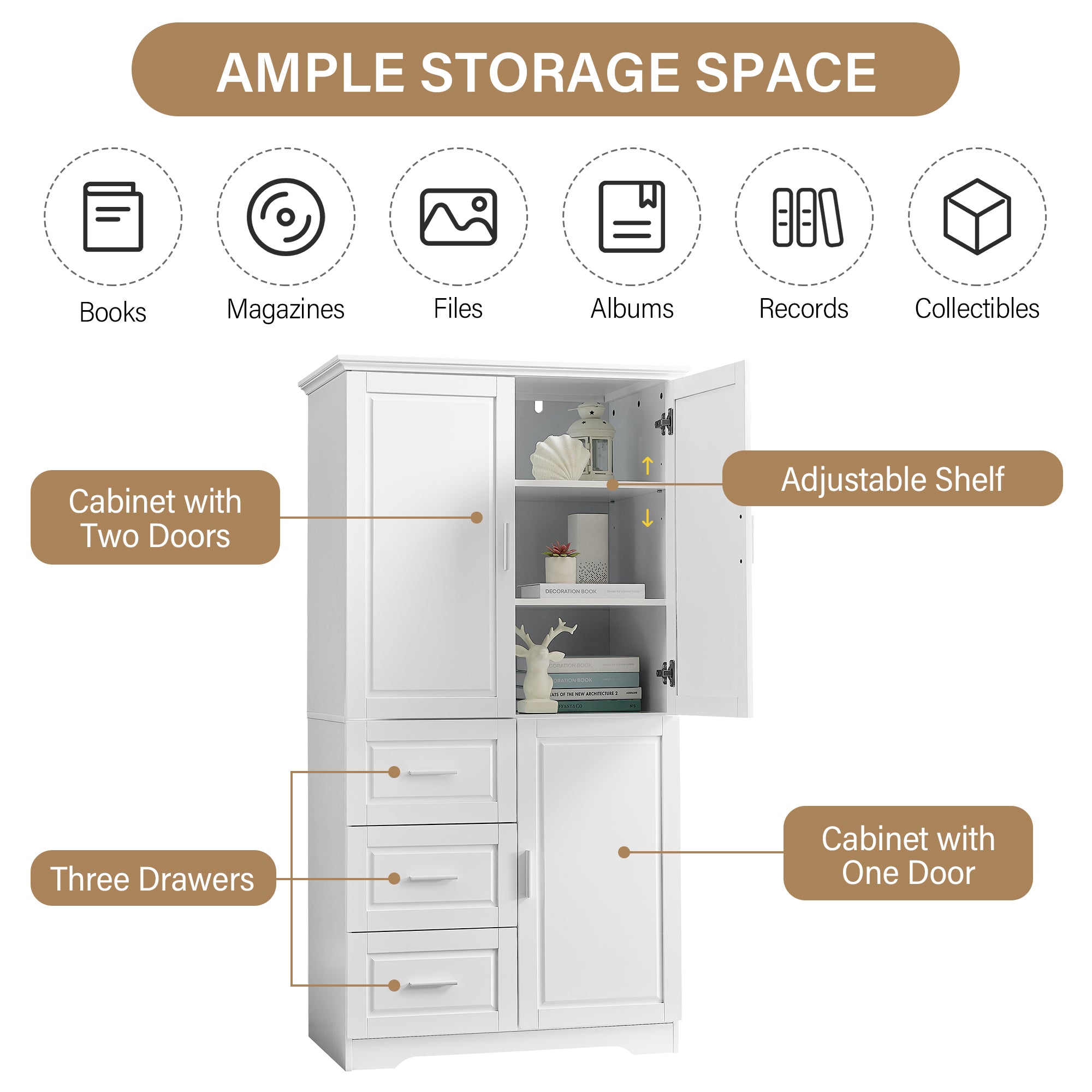 Tall and Wide Storage Cabinet with Doors for Bathroom/Office with Three Drawers